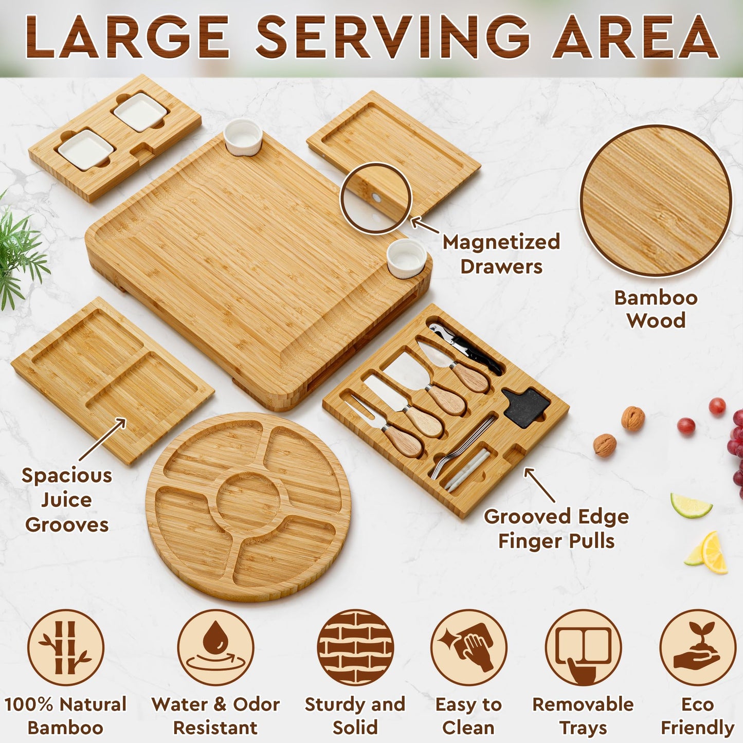 Charcuterie Boards Premium Gift Set - 23 Pieces, Bamboo - Large Cheese Board Plus Fruit Tray w/Utensil Drawer, Knives, Forks for Mother's Day Present, Birthday, Housewarming, Wedding Shower Gifts