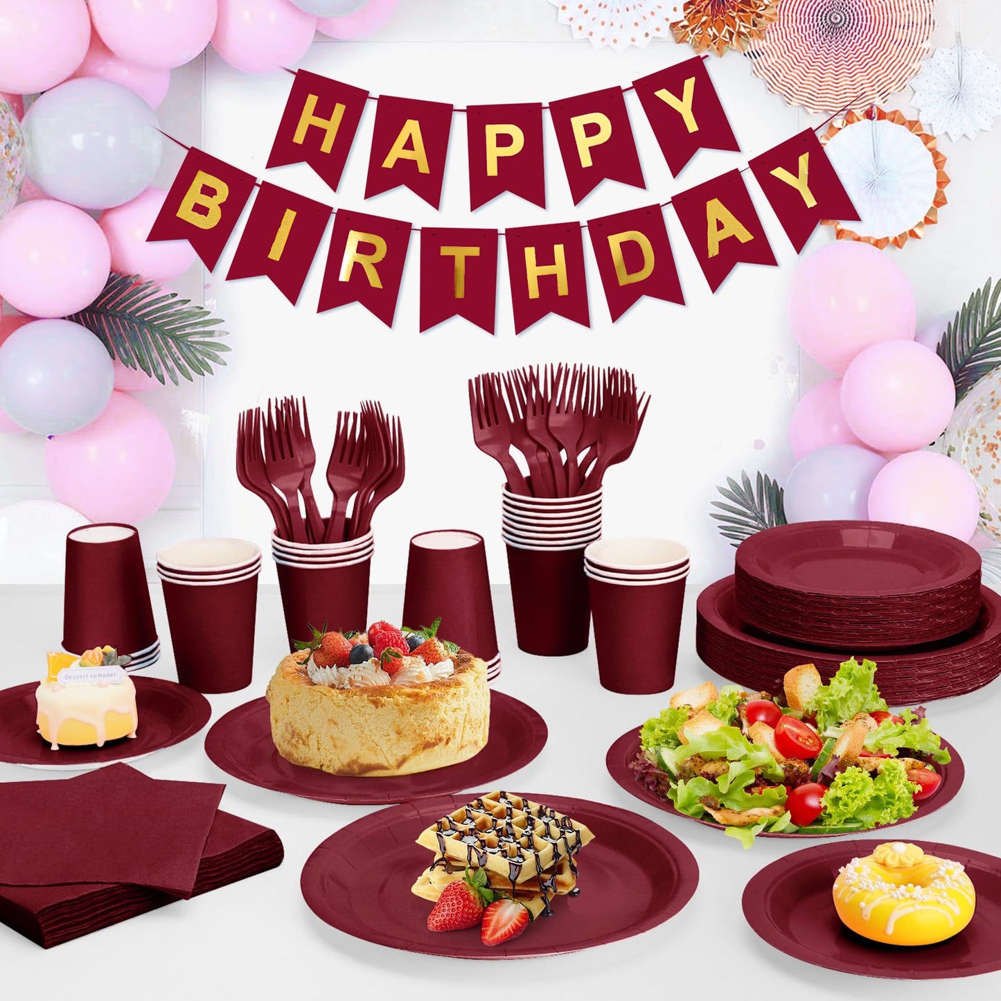 Burgundy Plates and Napkins Party Supplies, Include 9’’Disposable Burgundy Paper Plate, 7’’Dessert Plates and Cups and Napkins Forks Set for Birthday, Anniversaries, Wedding, Serves 25