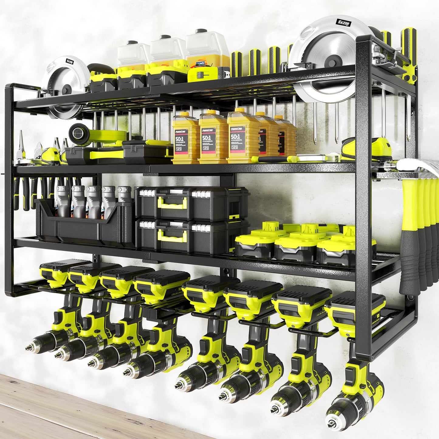 KAFAHOM Power Tool Organizer-8 Drill Holder Wall Mount,4 Layer Heavy Duty Metal Power Tool Storage Rack,Garage Tool Organizer and Storage with Screwdriver/Plier/Hammer Holder