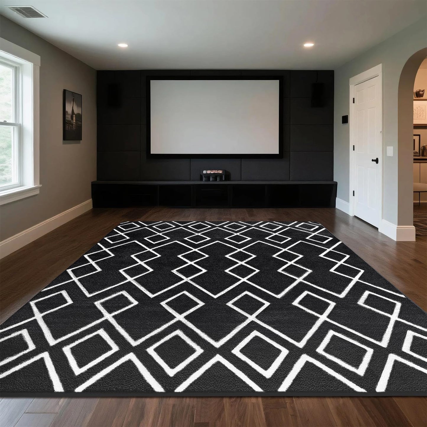 Rtizon Soft Area Rug for Bedroom, 5x7Ft Moroccan Rugs for Living Room, Geometric Non-Slip Carpet with Memory Foam for Boys Girls's Bedside Office Dorm Farmhouse, Black and White