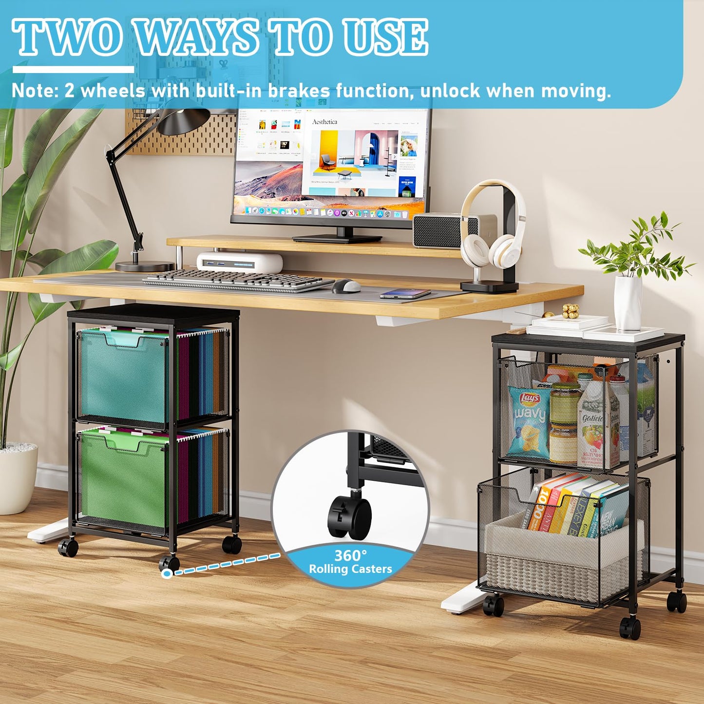Sbanmao Rolling File Cart with 2 Storage Drawers, File Cabinet with Wheels, Hanging File Folder Organizer, Under Desk Storage, Printer Stand Utility Cart Filing Cabinet for Home Office,Black