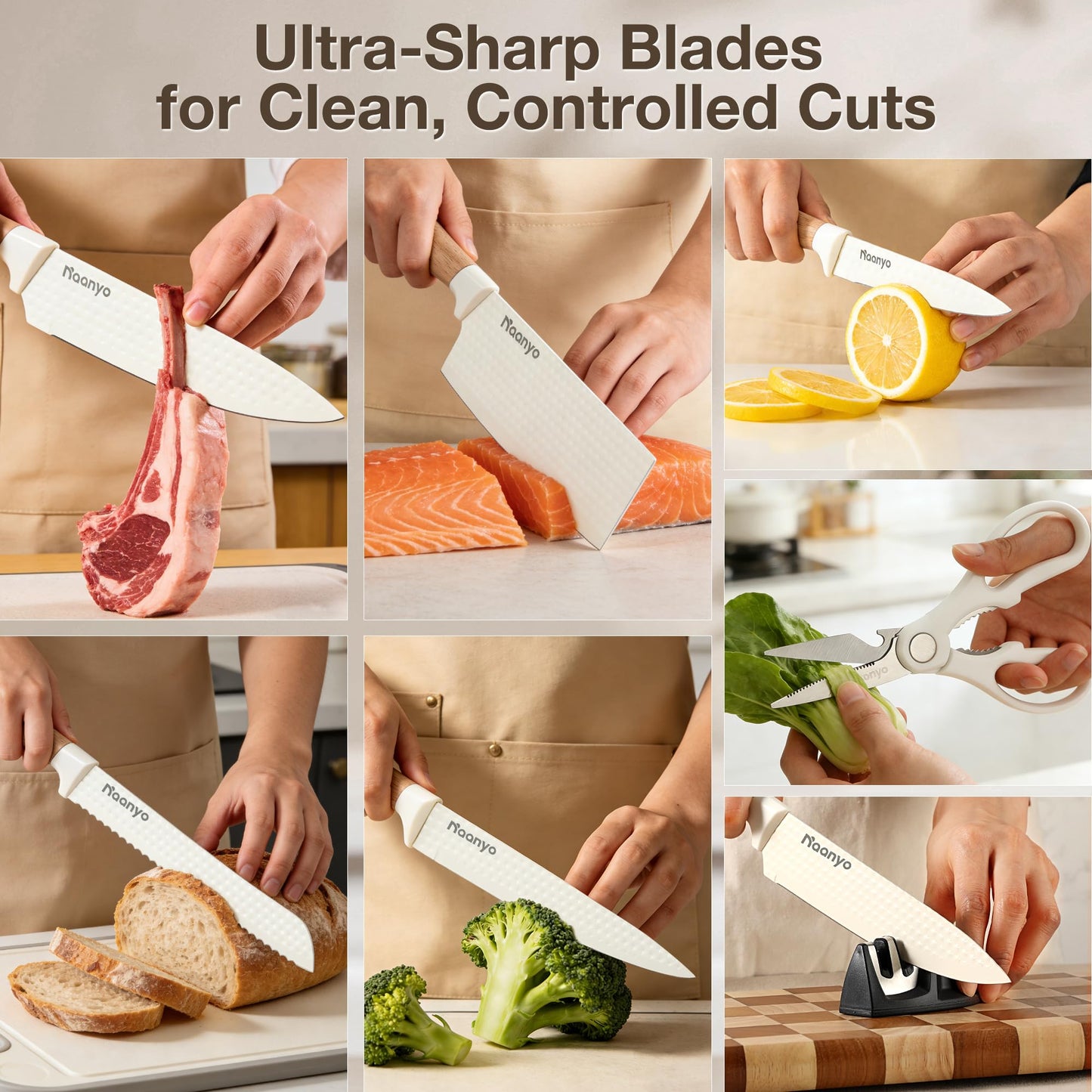 Naanyo 8-Piece Kitchen Knife Set with Sharpener, Universal Knife Block, Stainless Steel Blades, Ergonomic Design, Rust-Resistant, Home & Gift Essentials Chef Knives