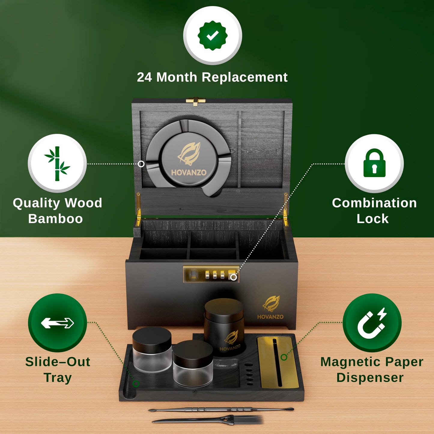 Upgraded Premium Large Bamboo Box - Locking Storage Decorative Box with Combination Lock - Wood Lock Box with lid - Wooden Locking Storage Box with Removable Tray and Jars