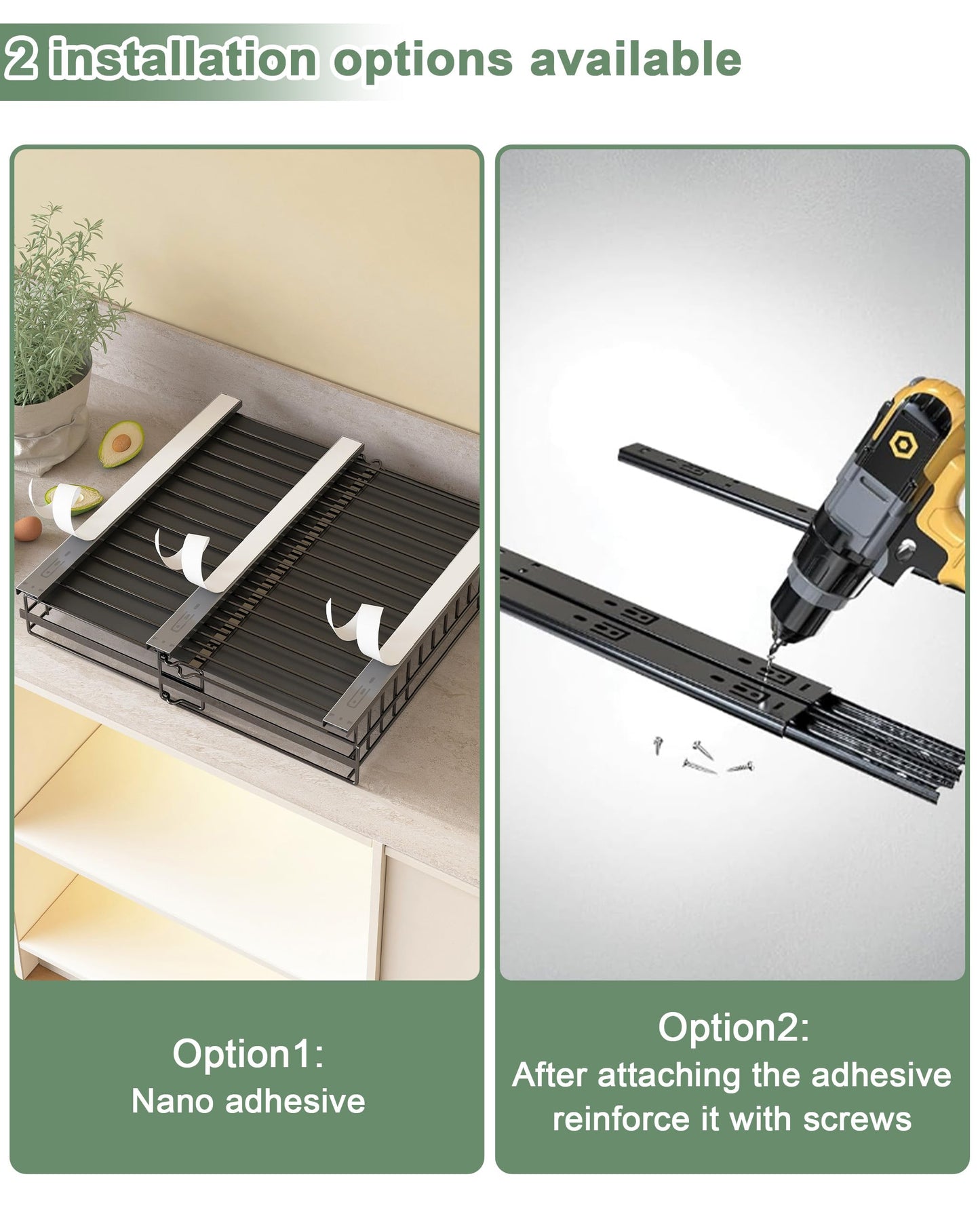 UMDONX 2 Pack Expandable Pull Out Cabinet Organizer Drawers Kitchen Cupboard Storage, No Drill Sliding Rack Adhesive Pantry Shelf (Durable Metal Black Load 65LBS)