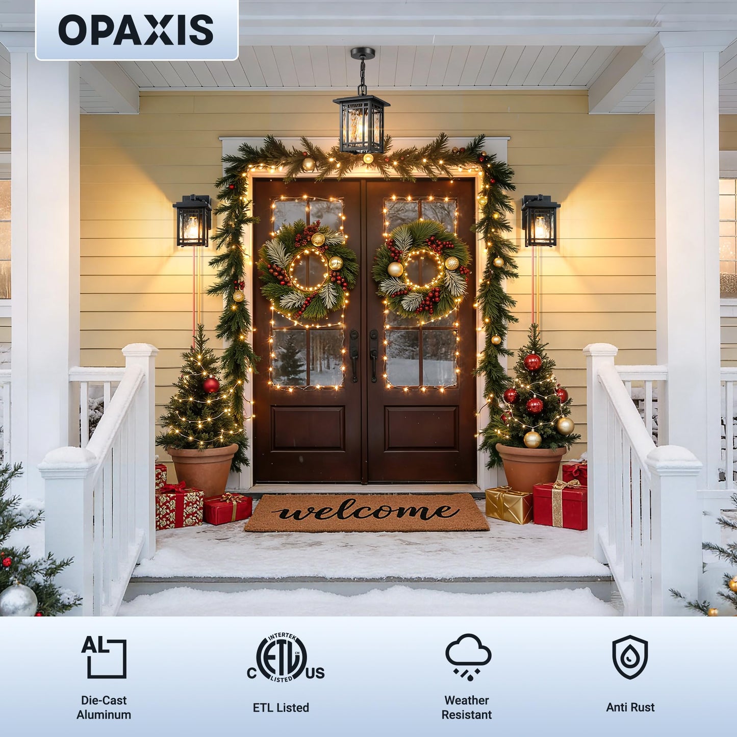 OPAXIS Large Outdoor Pendant Light, Black Hanging Light Fixture with Adjustable Chain, Anti-Rust 100% Aluminium Outdoor Chandelier for Porch, Waterproof Exterior Pendant Lantern for Gazebo, Front Door