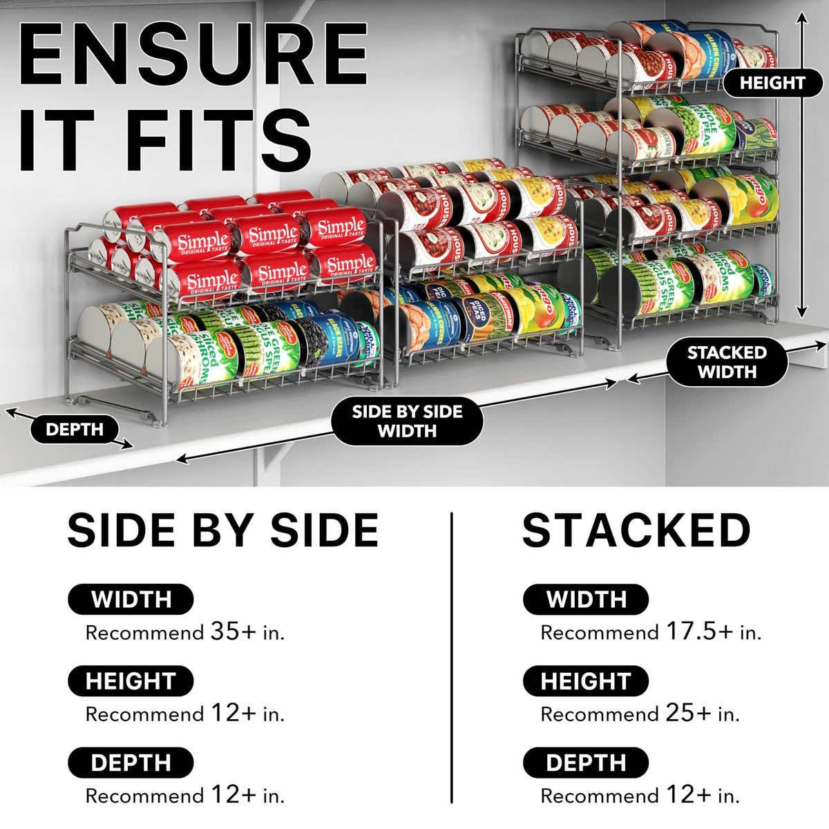 Simple Houseware 2 Tier Stackable Can Rack Organizer for Pantry Storage, 2 Pack, Silver
