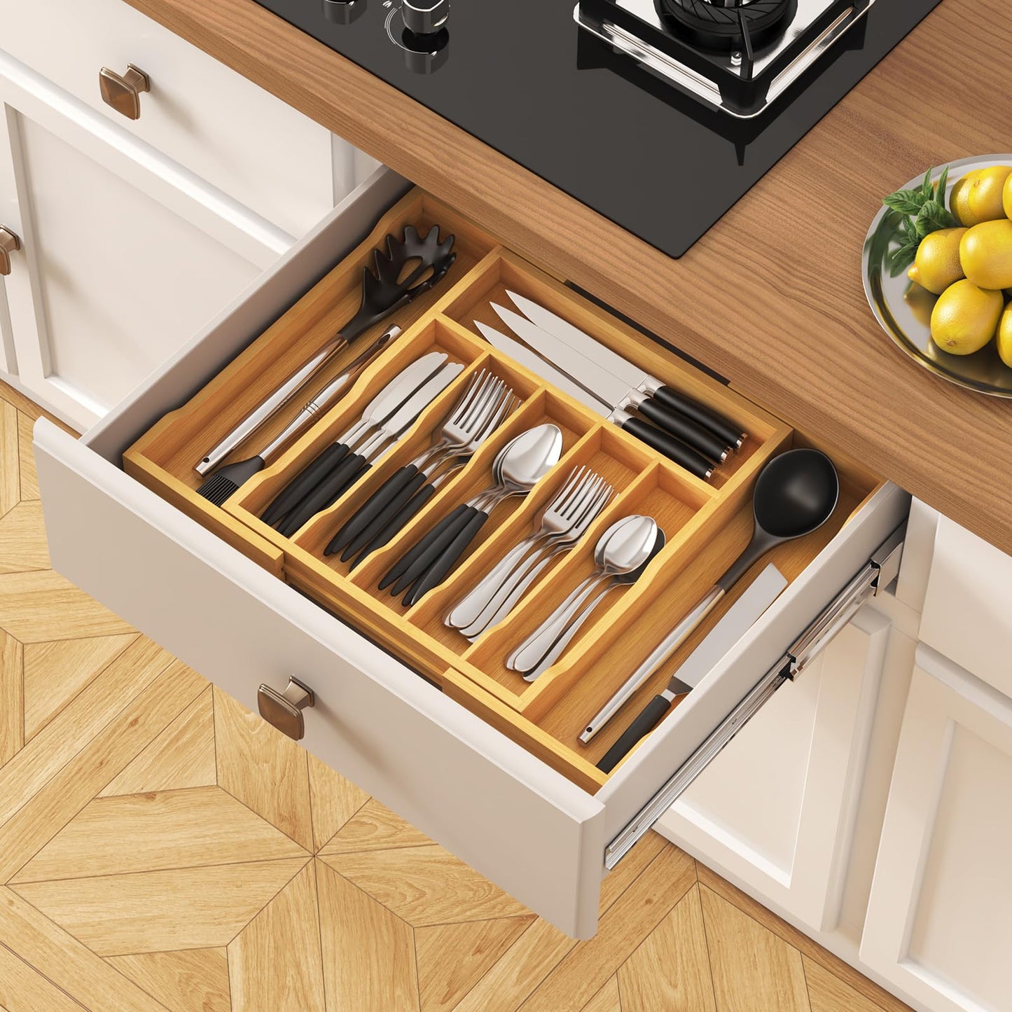 Lifewit Large Cutlery Drawer Organizer, Expandable 13" to 22.4" Utensil Holder for Kitchen, Bamboo Flatware and Silverware Tray, Wood Adjustable Storage for Spoons Forks Knives, Natural