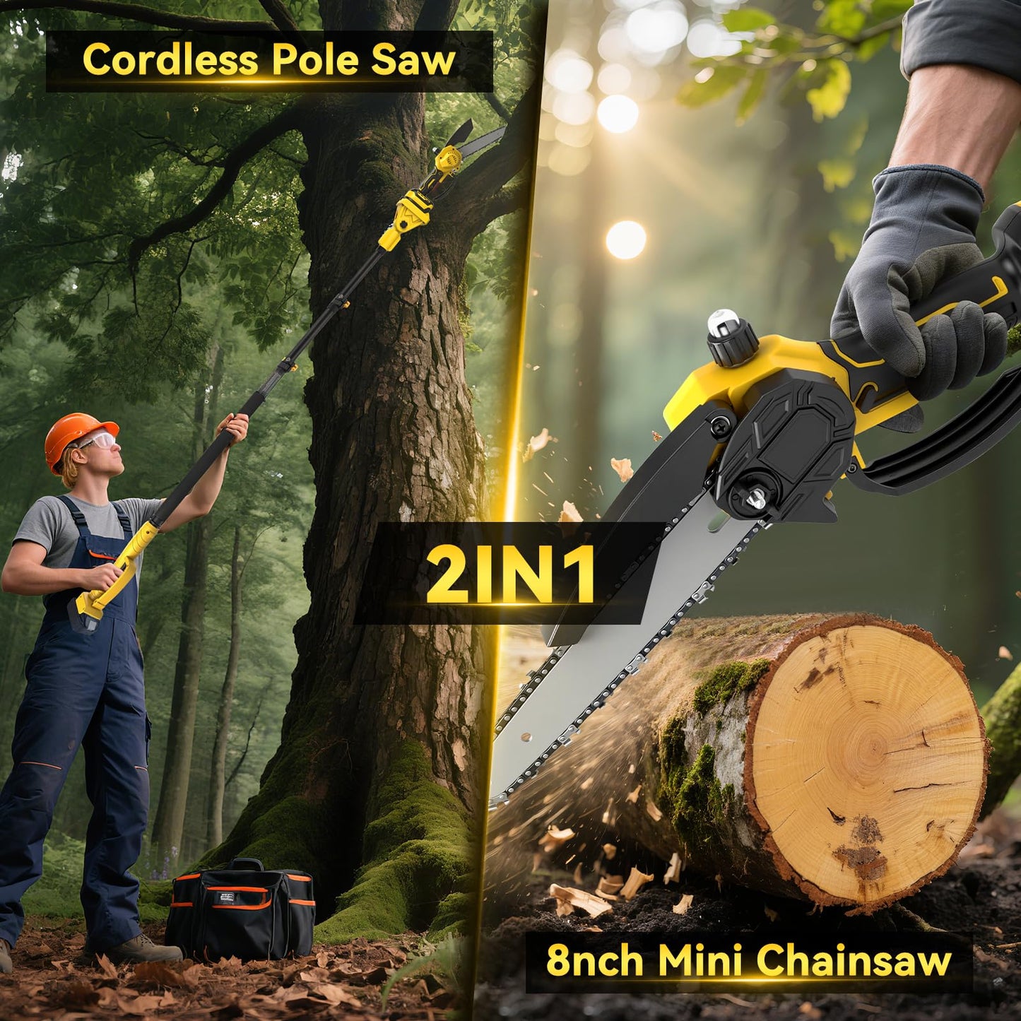 2 in 1 Electric Pole Saw 8 Inch Mini Cordless Chainsaw Compatible for Dewalt 20V Battery with 2.5M Telescope, Brushless Chainsaw for Pruning Branches Garden Maintenance (No Battery)