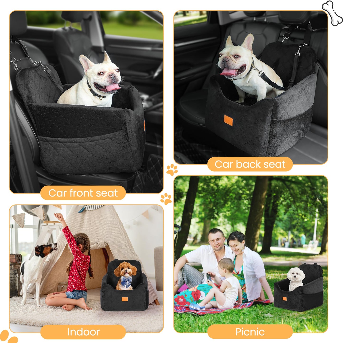 Dog Car Seat for Small Dog, Booster Seat for Dogs Under 30lb, Elevated Pet Seat with Pockets, Anti-Slip Bed for Car, Perfect for Front & Back Seats with Safety Leash (Black, Medium)