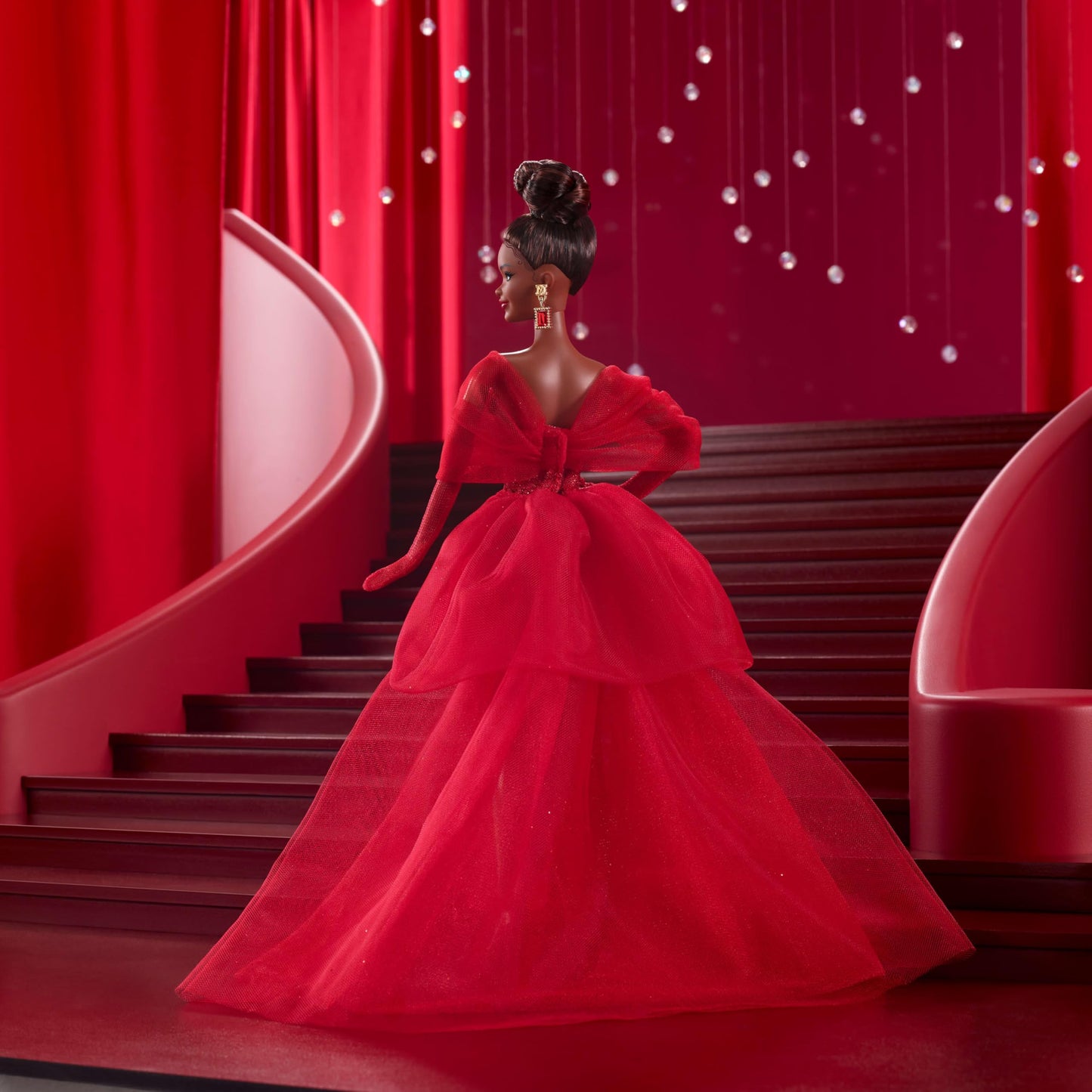 Barbie Signature Doll, Mattel 80th Anniversary Collectible in Glittery Red Tulle Gown with Drop Earrings and Sheer Gloves, Brunette