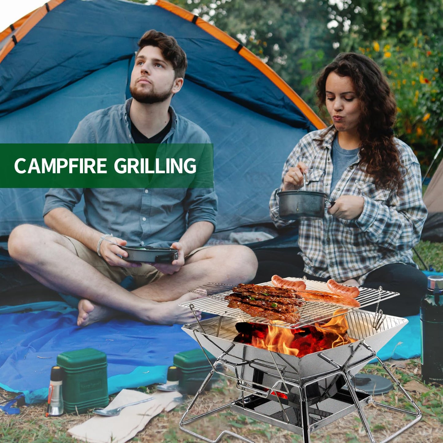 Collapsible Stainless Steel Fire Pit -OZHOMY Portable 304 Stainless Steel Grill Campfire Pit Liftable Wood Burning Charcoal Grill with Ashtray for Camping Picnics Backpacking Backyard Garden (Large)