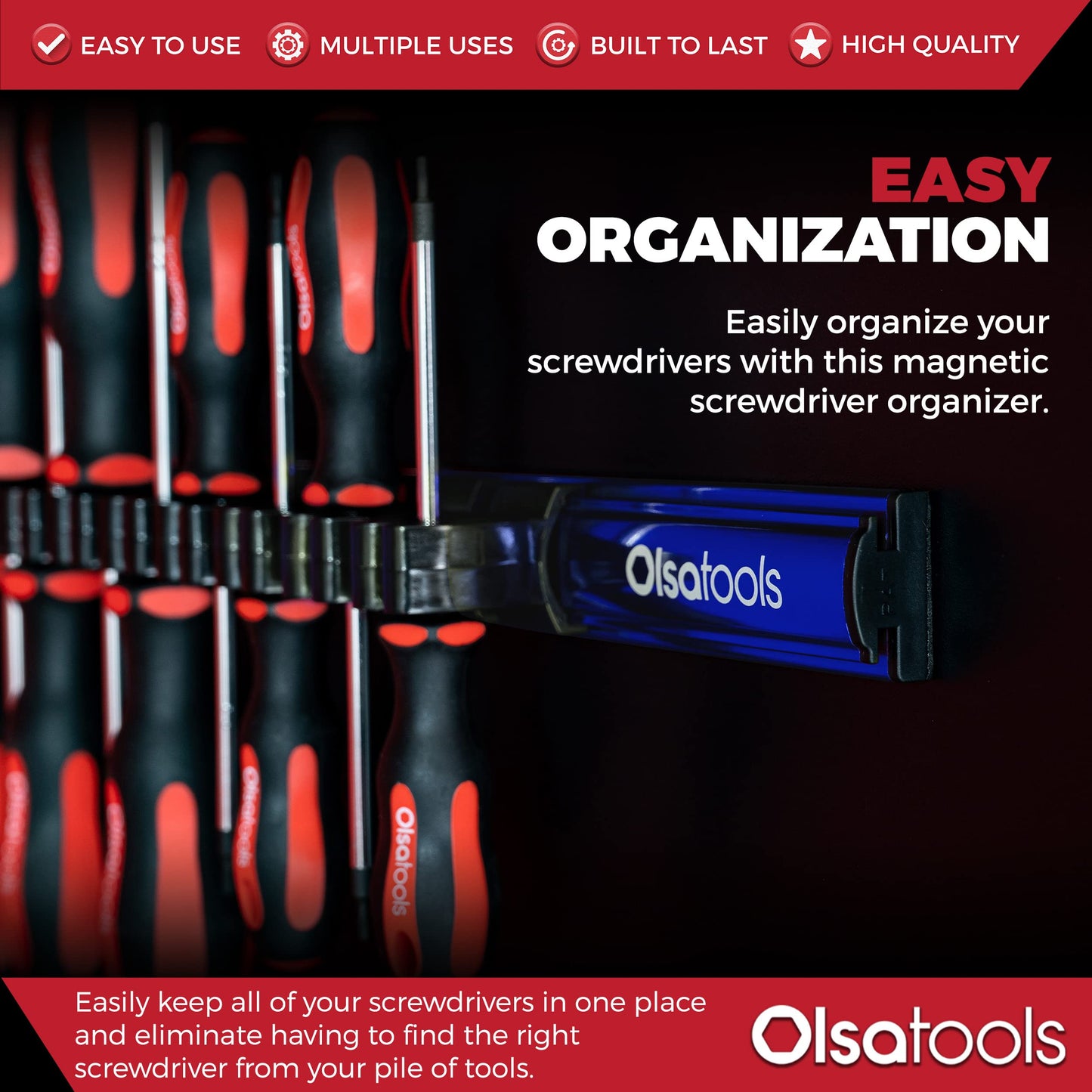 Olsa Tools Magnetic Screwdriver Organizer - Professional Quality Magnetic Tool Holder - Fits up to 16 Screwdrivers - Blue - Part: 1114