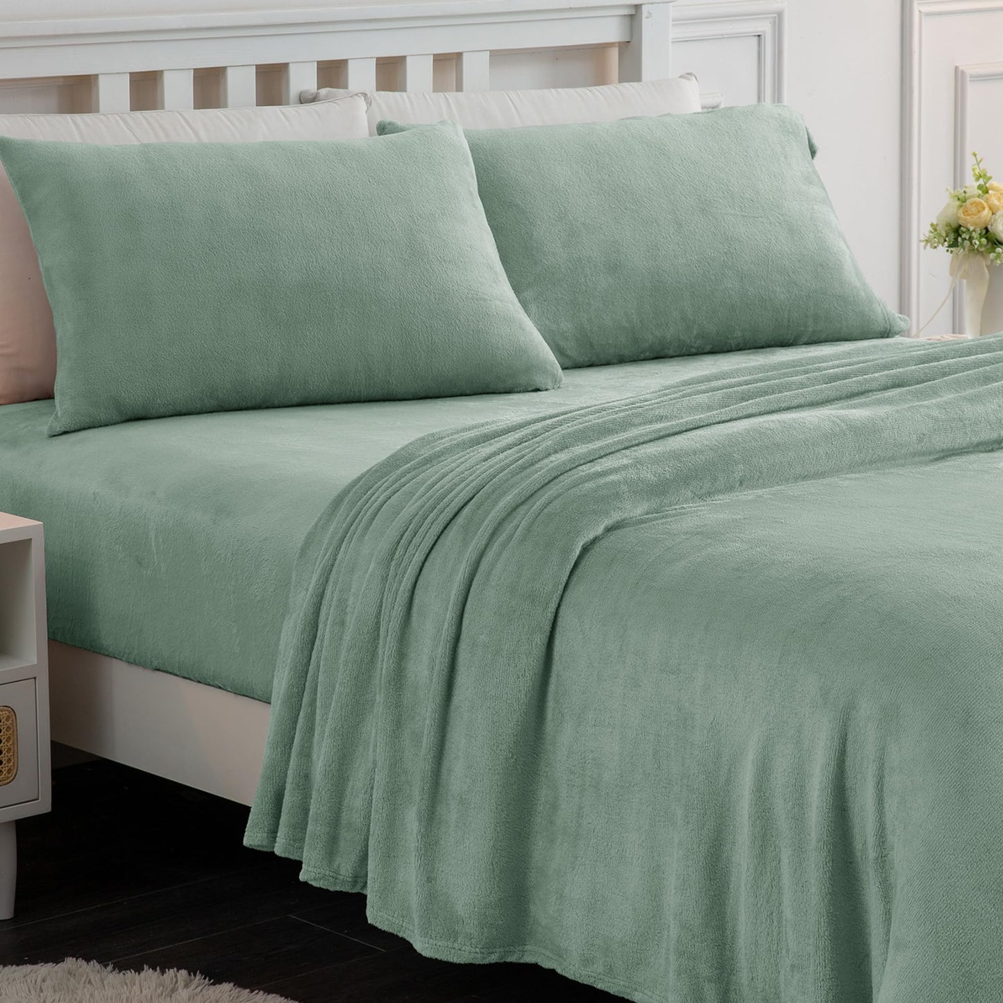 Softan Fleece Sheets Queen Size, Flannel Like Soft, Fuzzy Warm Plush Sheets, Velvet Polar Microfleece Bedding for Winter, Sage Green