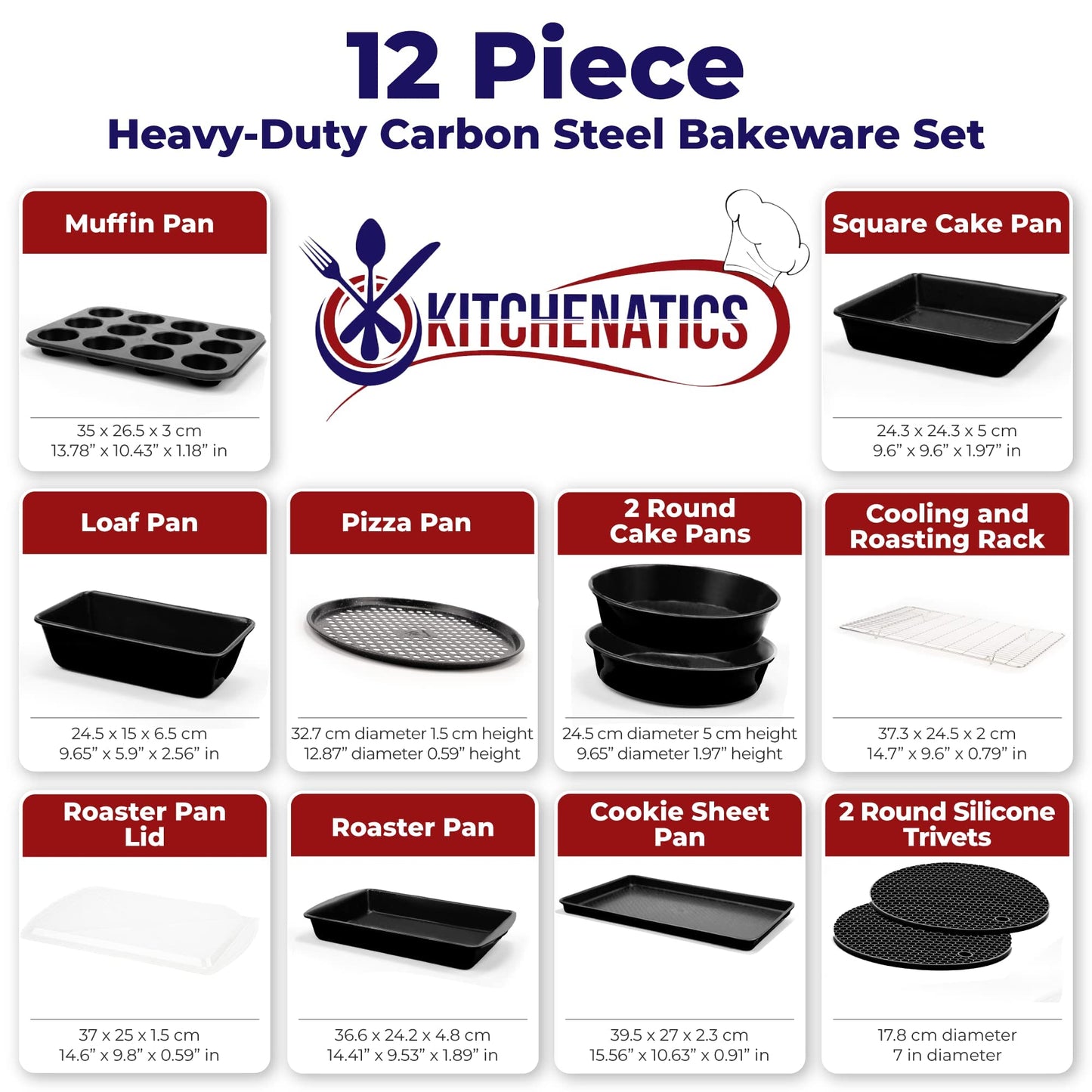 KITCHENATICS 12-PC Baking Pan Set Nonstick, Durable Carbon Steel Baking Sheets for Oven, Nonstick Baking Pans Set with Muffin Pan, Loaf Pan, Pizza Pan, Cookie Sheet Pan - Black Bakeware Sets