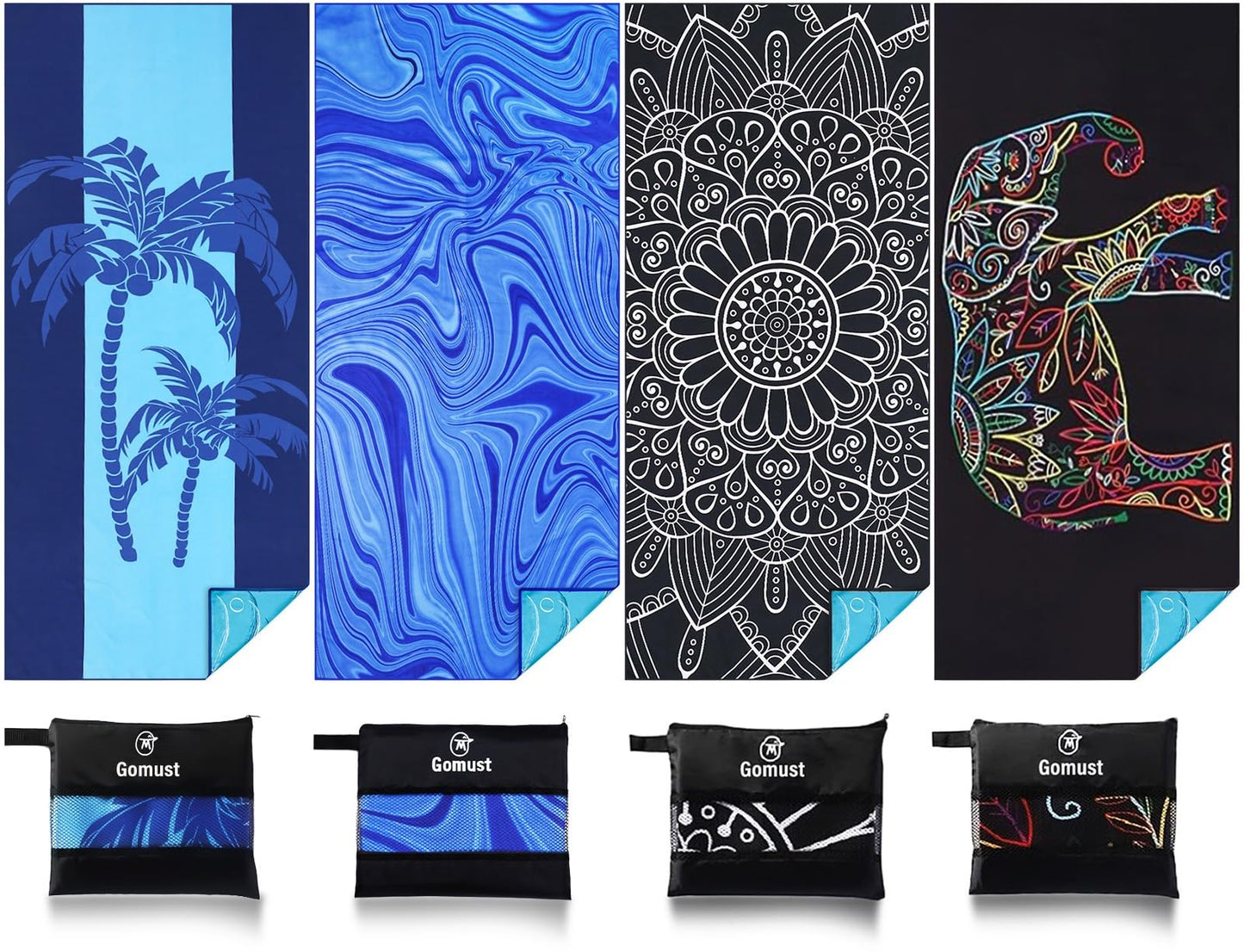 4 Pack Lightweight Thin Beach Towel Oversized 71"x32" Big Extra Large Microfiber Sand Free Towels for Adult Quick Dry Travel Beach Accessories Vacation Gift Coconut Tree Laguna Mandala Elephant