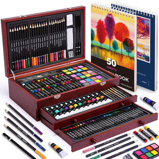 175 Piece Deluxe Art Set with 2 Drawing Pads, Acrylic Paints,Crayons,Colored Pencils,Paint Set in Wooden Case,Professional Art Kit,Art Supplies for Adults,Teens and Artist, Red