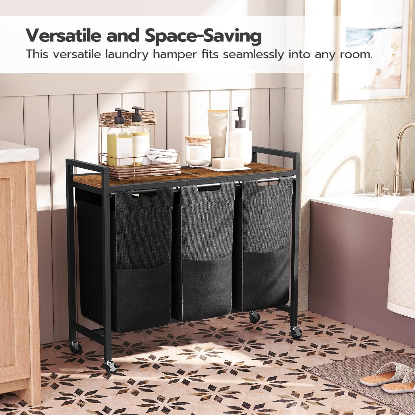 HOOBRO Laundry Sorter 3 Section, Laundry Hamper with Wheels, 3 × 11.5 Gal (43.5L), Rolling Laundry Basket, 3 Pull-Out and Removable Oxford Fabric Laundry Bags, Rustic Brown and Black BF76XY01