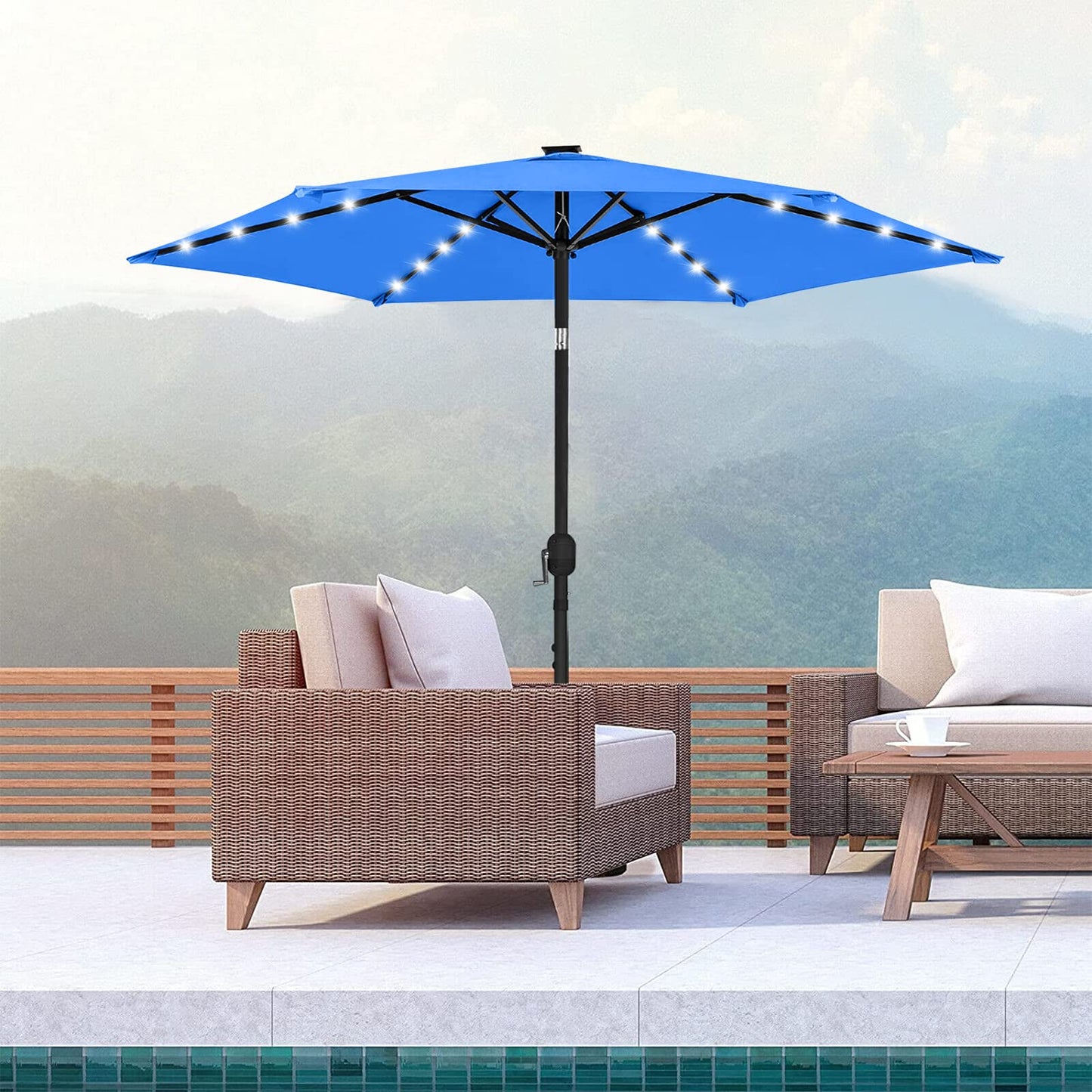Solar LED Patio Outdoor Umbrella - OKSTENCK with 24LED Lights, Tilt and Crank Table Umbrellas for Garden, Deck, Backyard and Pool, 7.5FT, Ocean Blue