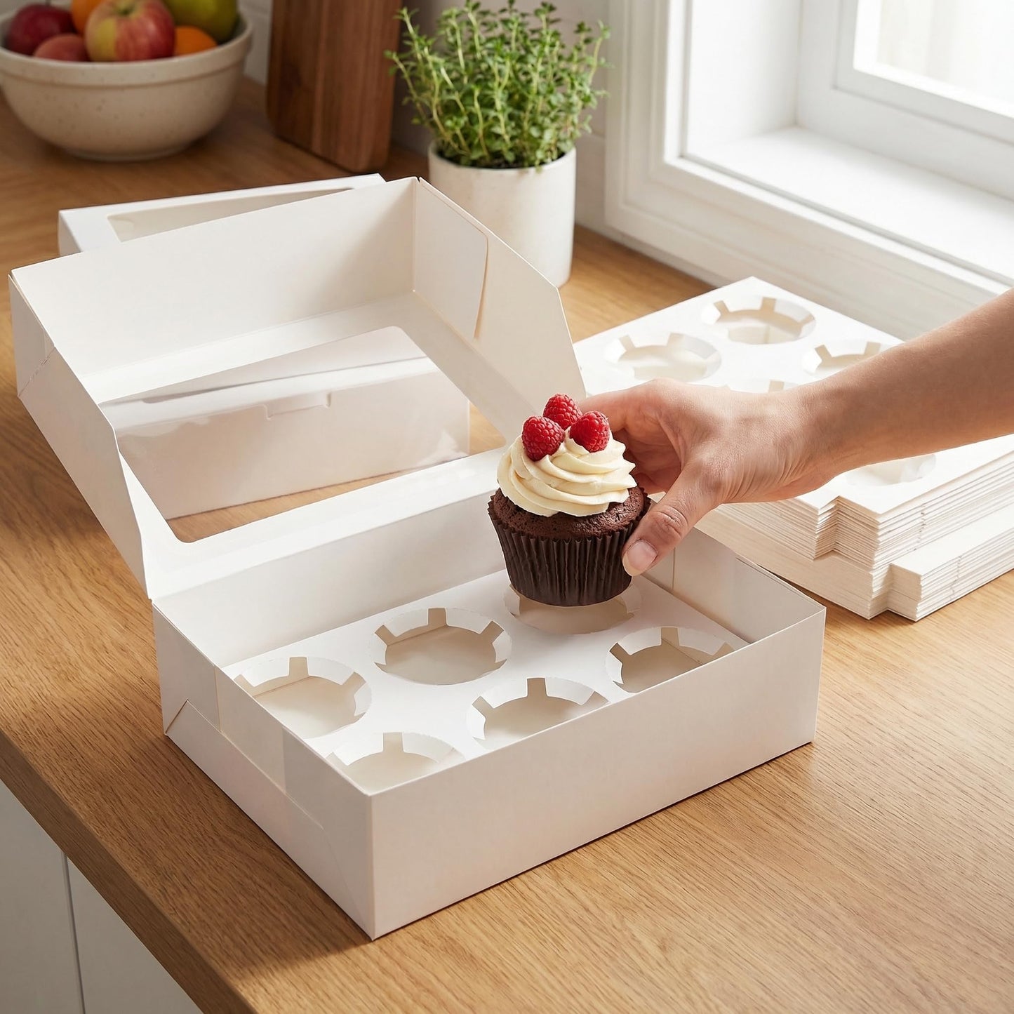Jucoan 50 Pack White Paper Cupcake Box with Insert and Window Hold 6 Standard Cupcakes, Cupcake Carrier Container, Bakery Muffin Box for Pastry, Cookies, Birthday, Mother's Day, Wedding Party