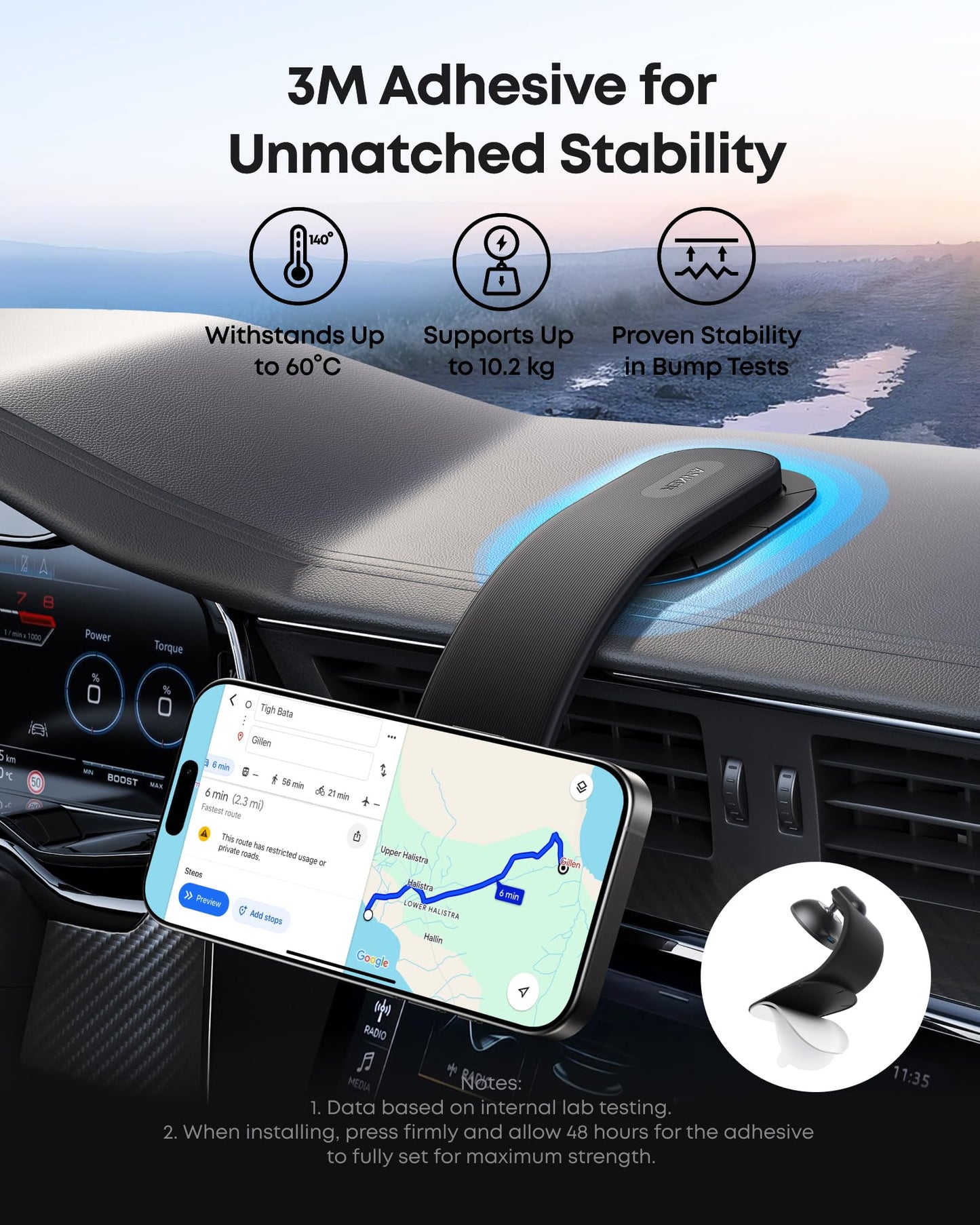 Anker MagGo Wireless Car Charger (Pad), 15W Qi2 Certified Fast Charging Car Adapter with Alloy B Strong Hold, 360° Adjustable View, Only for iPhone 16/15/14/13 Series and More