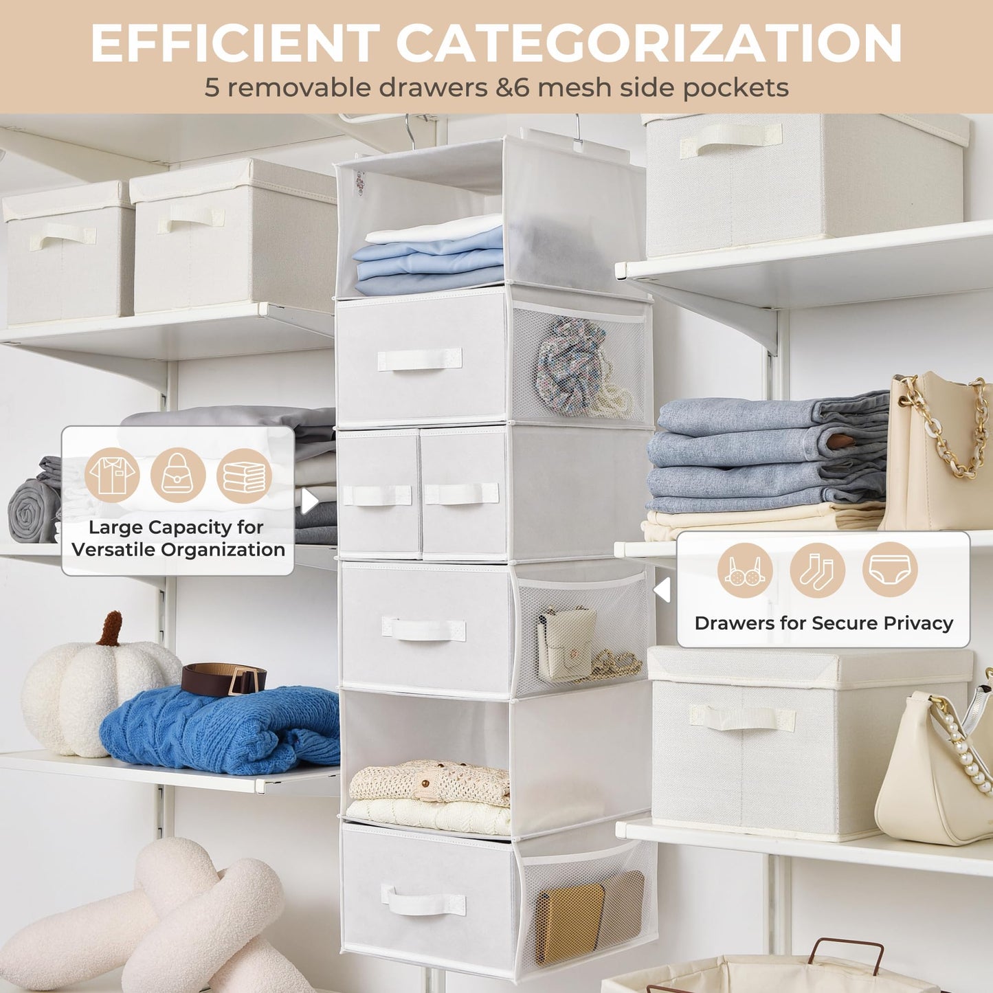 GRANNY SAYS Hanging Closet Organizer with Drawers, Rangement Garde Robe, Hanging Storage Organizer, Closet Organizers and Storage for Clothes, 1-Pack, 31 x 35 x 108.4cm, 6-Shelf, White