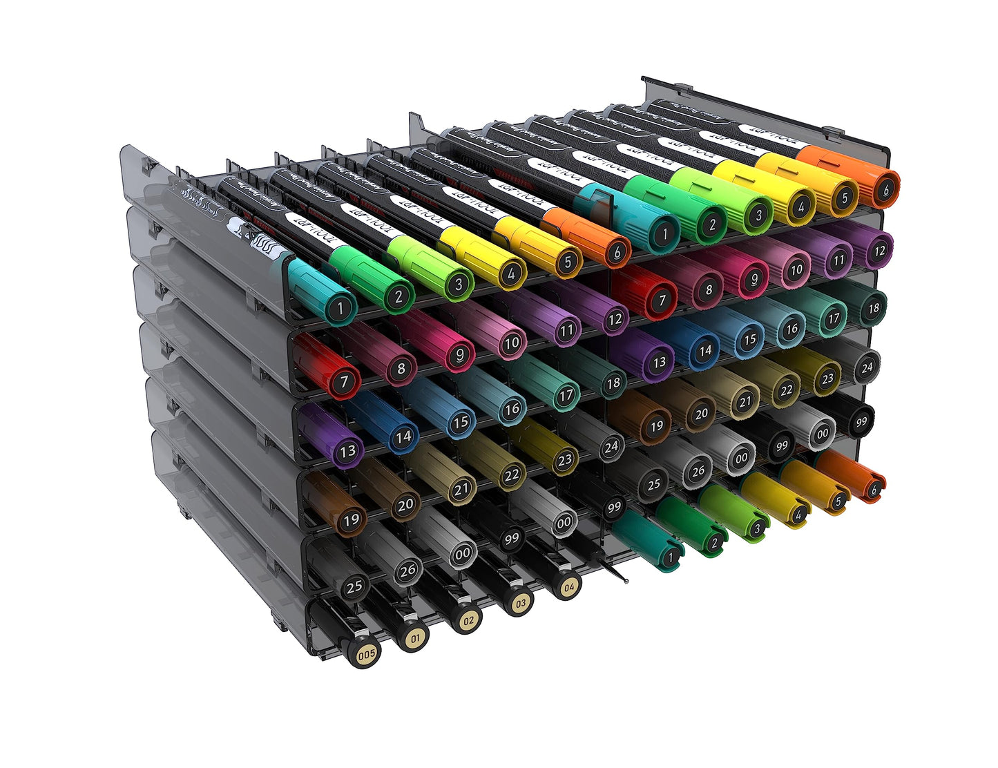 TOOLI-ART 72 Art Marker Storage Tray Desk Organizer Holder, Adjustable Dividers, Modular, Expandable, Stackable, Fit Most Pen, Pencil, Brushes. School, Home, Multi Purpose Tinted Plastic 6 Trays
