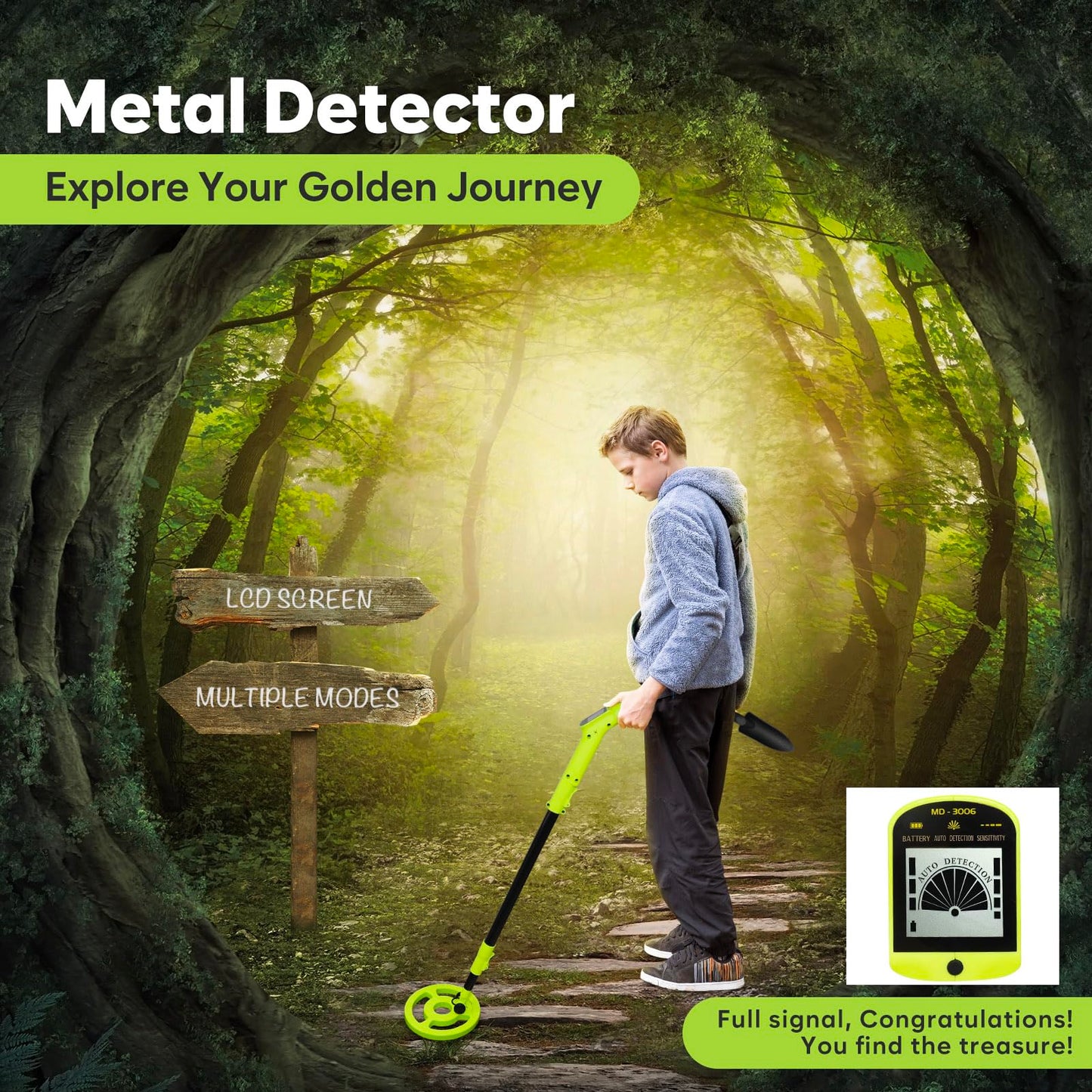 Metal Detector for Kids, iTayga Adjustable Kids Metal Detector(24"-35"), High Accuracy Coil Professional Waterproof Foldable Metal Detector, Very Lightweight(Only 0.88 Pouds) for Junior & Youth,Green