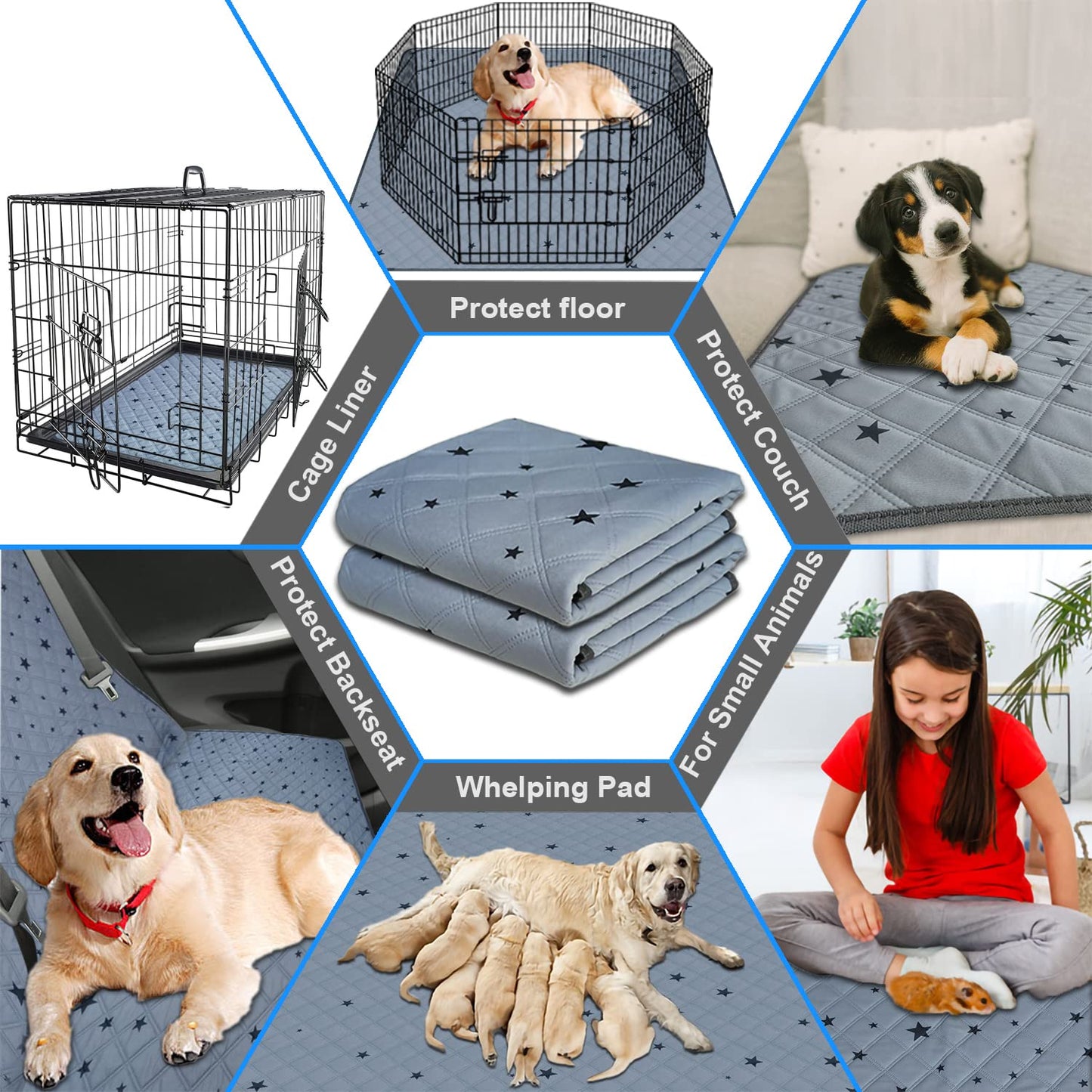 RIOUSSI Washable Pee Pads for Dogs, Reusable, Absorbent, Leakproof, Non Slip Pet Puppy Pads for Potty Training. Gray Stars, 20x28 Inch(4pack)