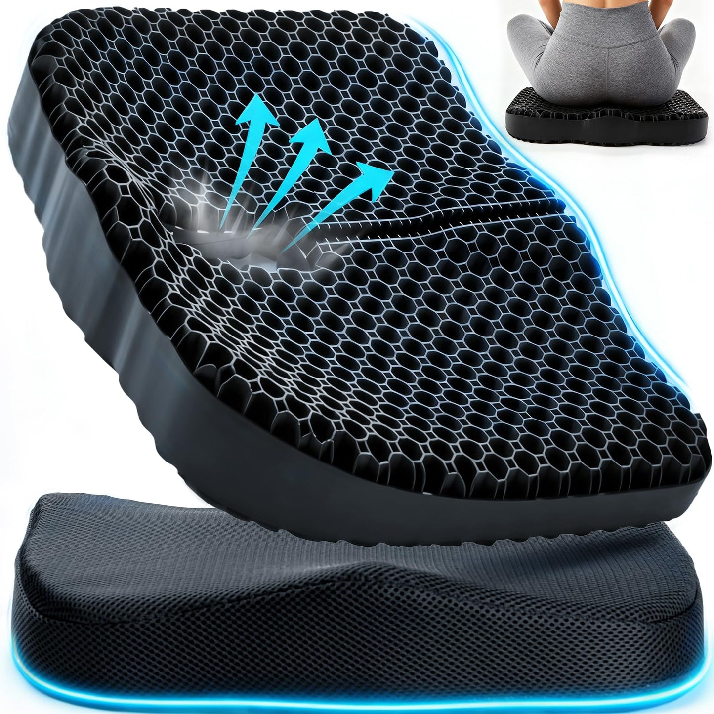 Anzeng Gel Seat Cushion for Long Sitting, Gel Cushion for Pressure Relief, Soft & Breathable, Chair Cushion for Office Chair, Car, Wheelchair, Seat Cushion with Non-Slip Black Cover