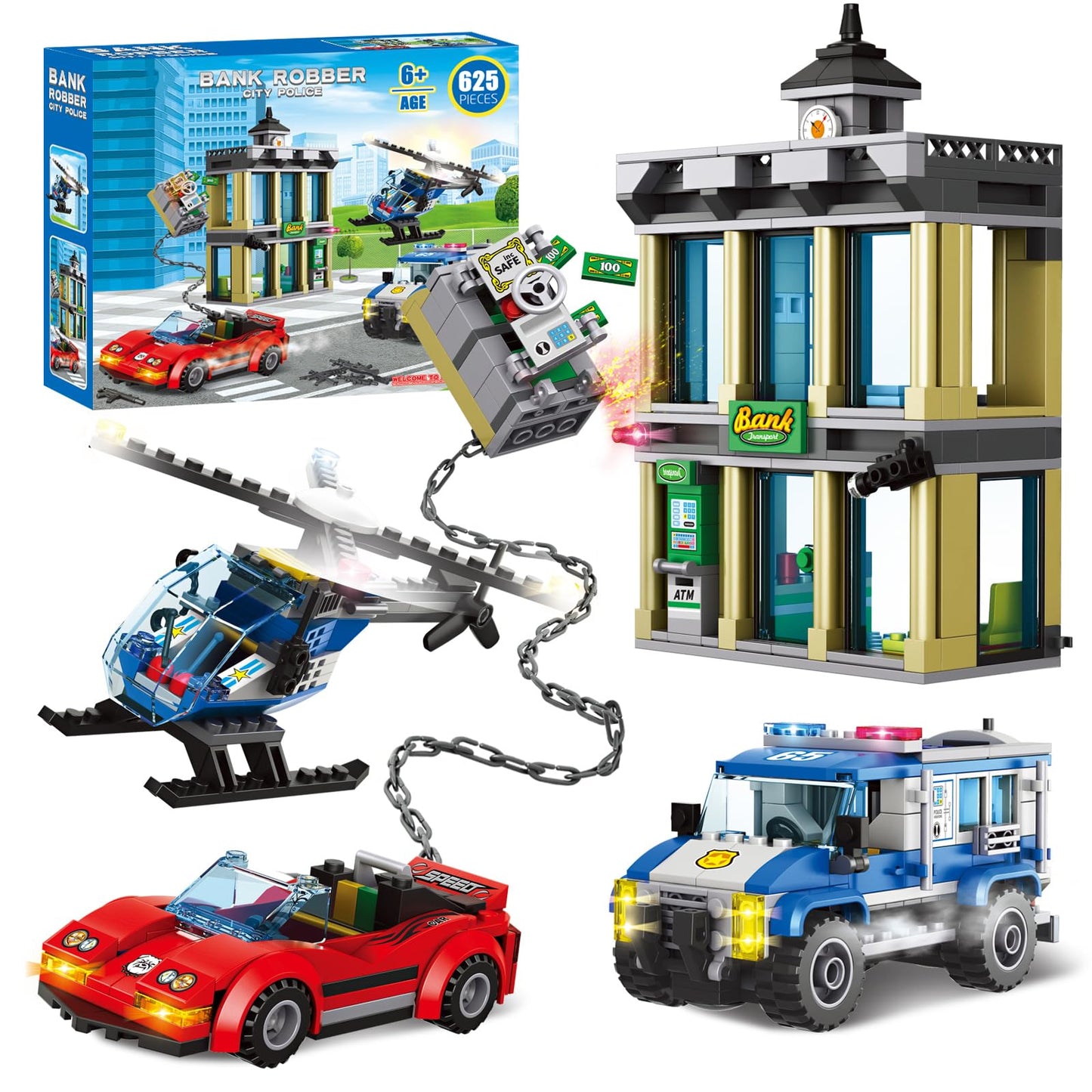 City Police Catch Thief Building Set with Cop Car, Bank, Helicopter, Getaway Sports Car, Fun Police Chase Toy for Kids, Best Learning & Roleplay STEM Toy Gift for Boys Girls Age 6+(625pcs)