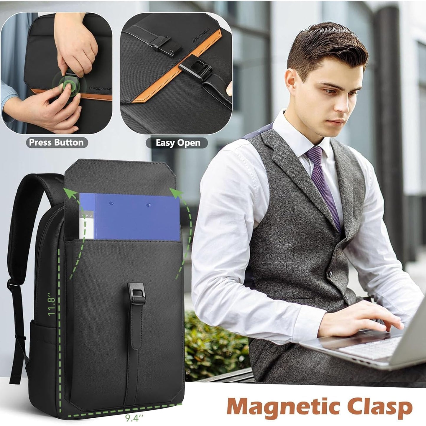 hk Slim Backpack for Men Women, 15.6 Inch Business Laptop Backpacks, Water-resistant Anti-theft Lightweight Computer Bag for Office Work Travel College Daily Elegant Casual - Black