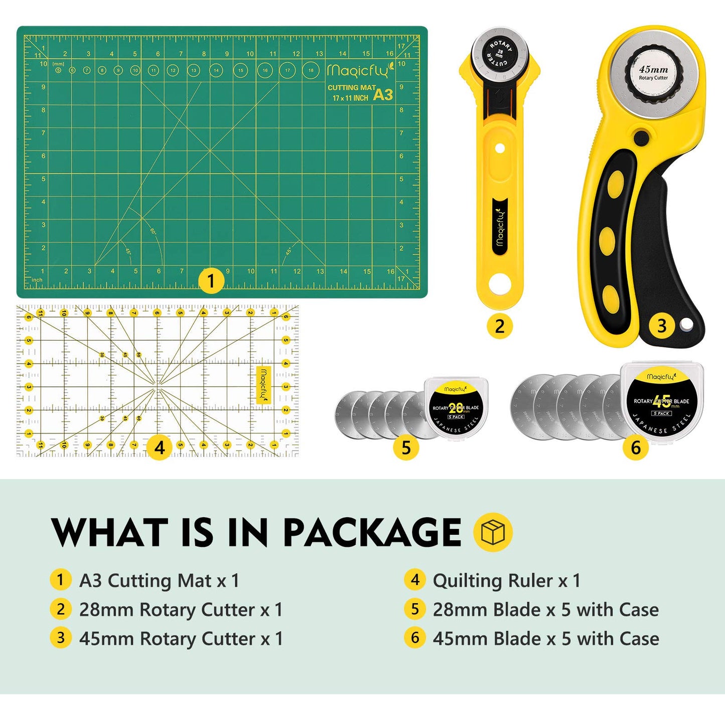 Magicfly Rotary Cutter Set, 45mm and 28mm Fabric Cutters Kit with Extra 10 Blades, A3 Double-Sided Self Healing Cutting Mat, 12x6 Inch Quilting Ruler for Sewing, Fabric Cutting, Art Crafting