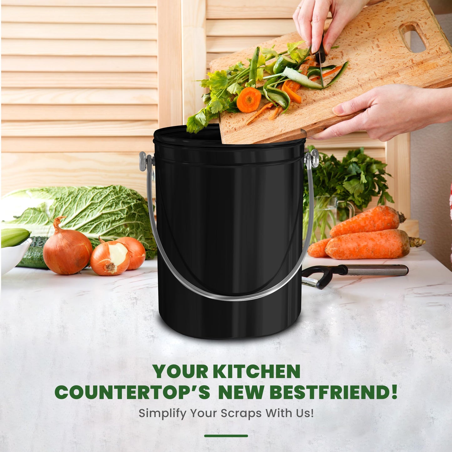 KICHLY Compost Bin, Stainless Steel Bin for Kitchen Countertop, 1.3 Gallon Composting Bucket, Compost Pail with Lid, Includes 1 Spare Charcoal Filter, Black
