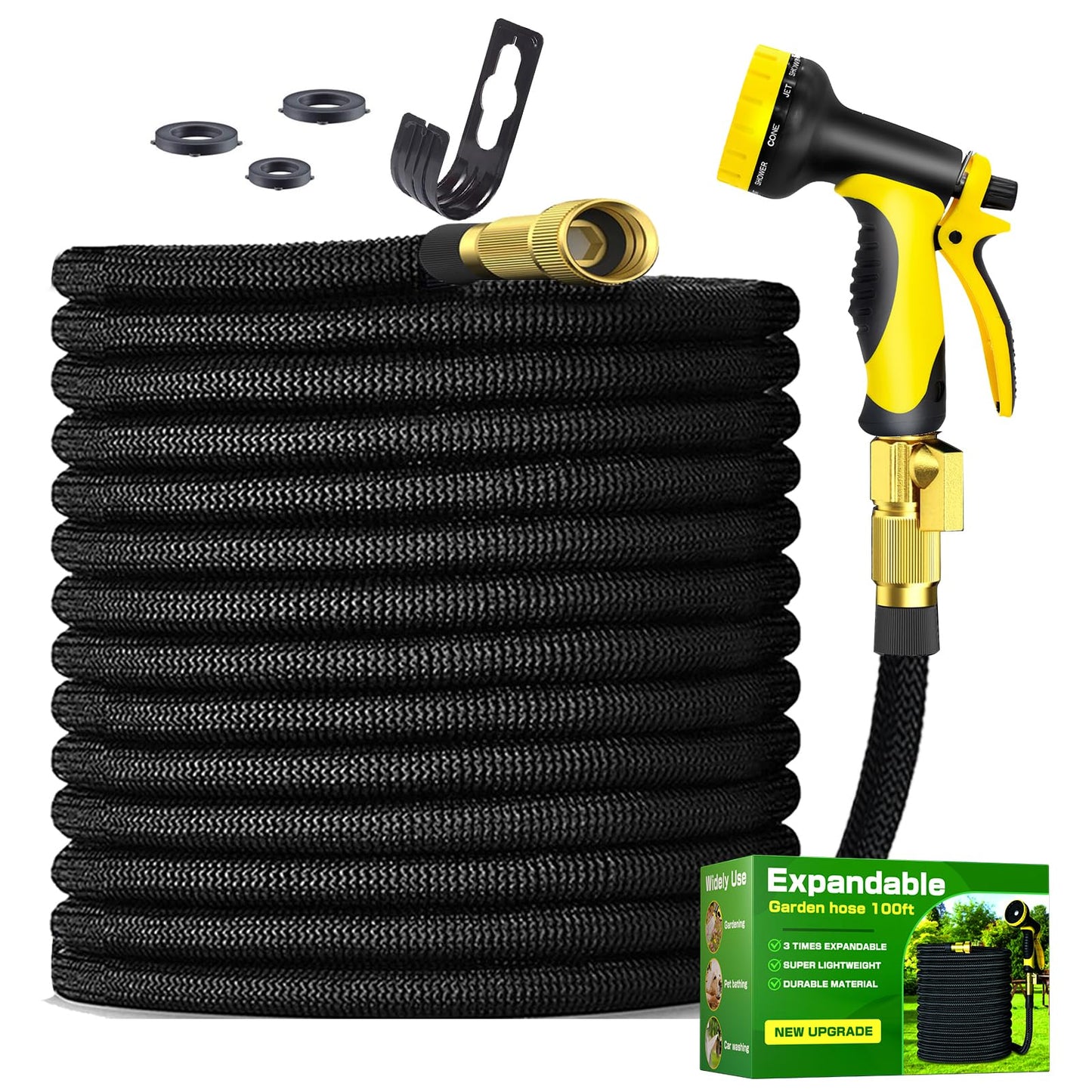 Expandable Garden Hose 100ft Water Hose with 10 Function Nozzle,Flexible Hose withTriple Core Latex and 3/4" Solid Brass Fittings Collapsible Lightweight Retractable Long Hose Pipe (Black)