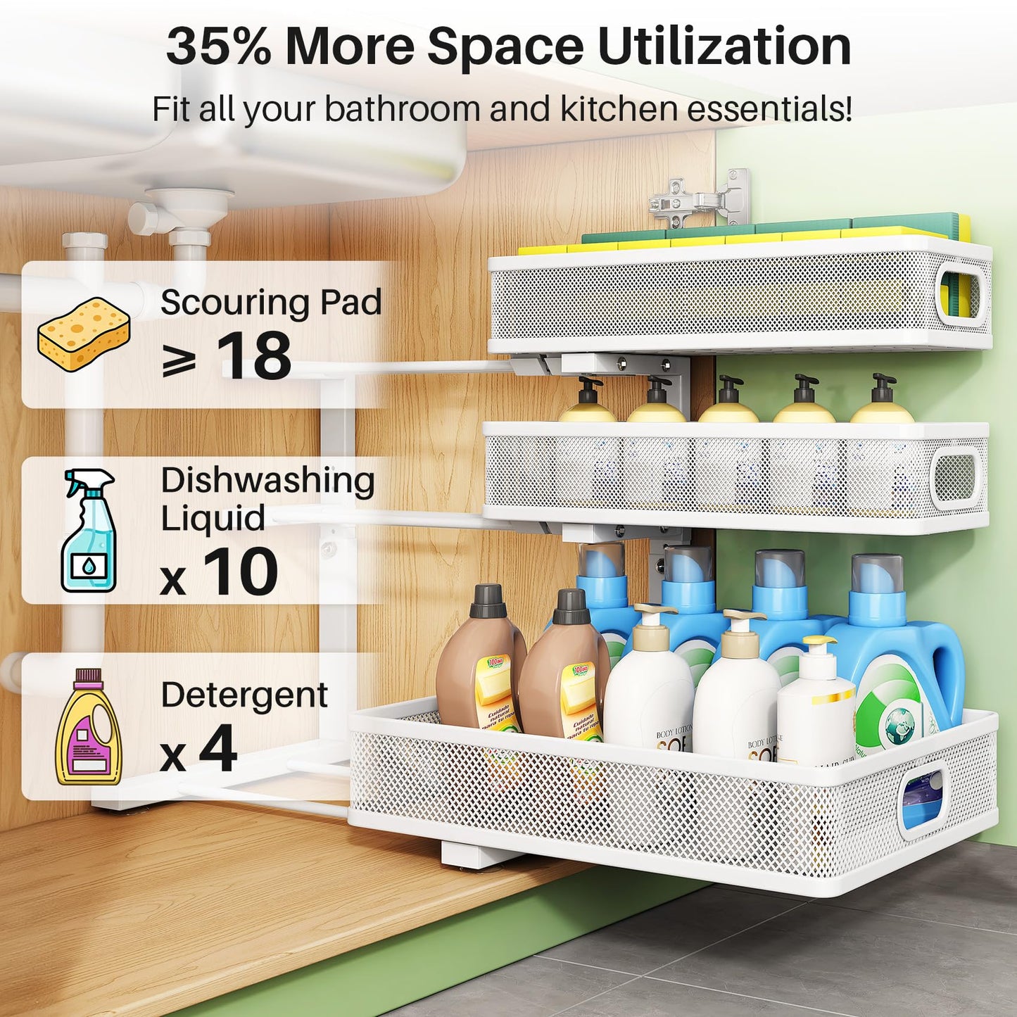 Kitstorack Under Sink Organizer, 1-Pack 3-Tier Height Adjustable Thickened Metal Pull Out Cabinet Organizer Shelf, Slide Out Storage Drawer Rack for Bathroom Kitchen Pantry Home Laundry Organization