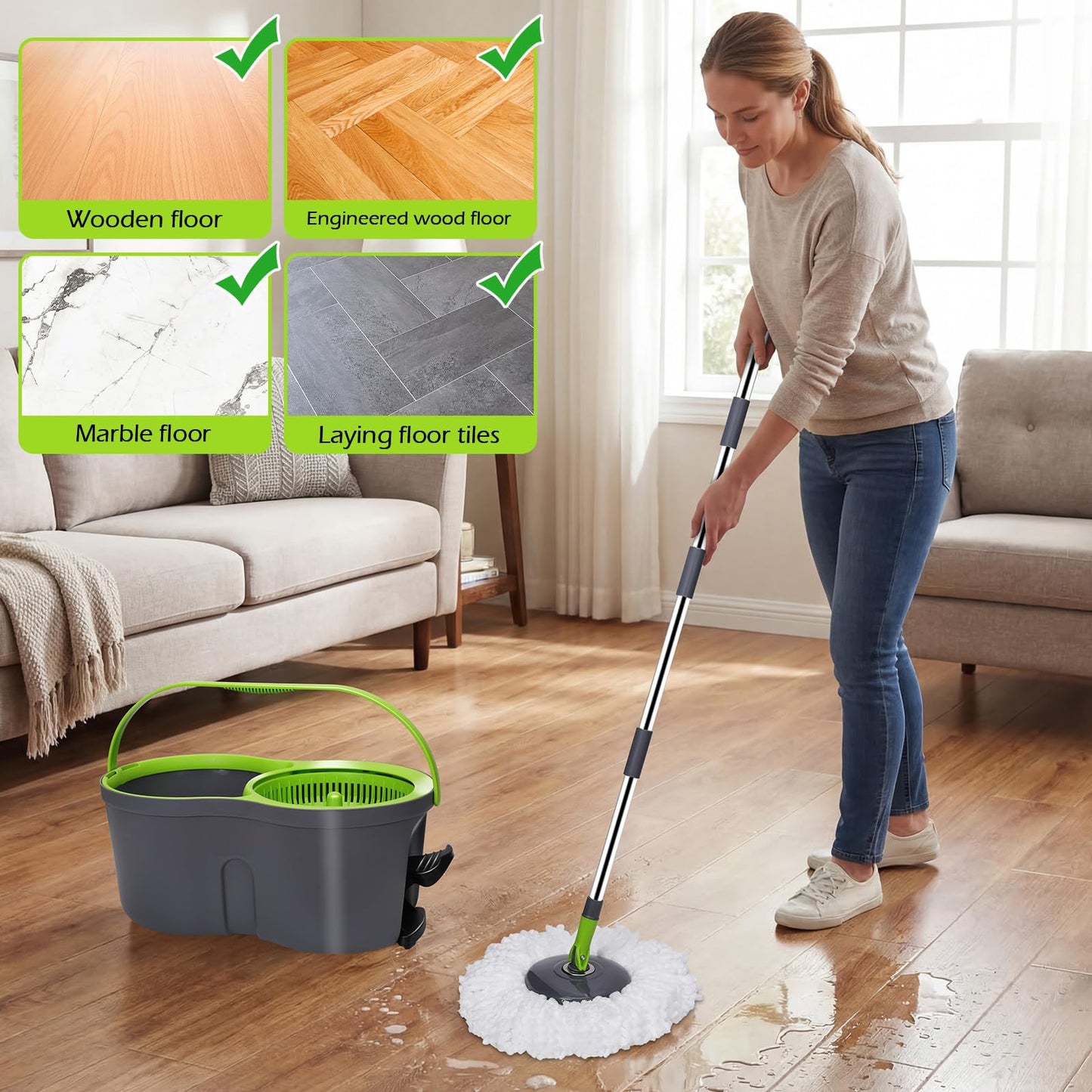 Almcmy Spin Mop and Bucket Set, Mop Bucket with Foot Pedal Wringer System, 3 Reusable Mop Refills, 130cm Long Handle, Easy Wring Magic Mop Floor Cleaning System, Green