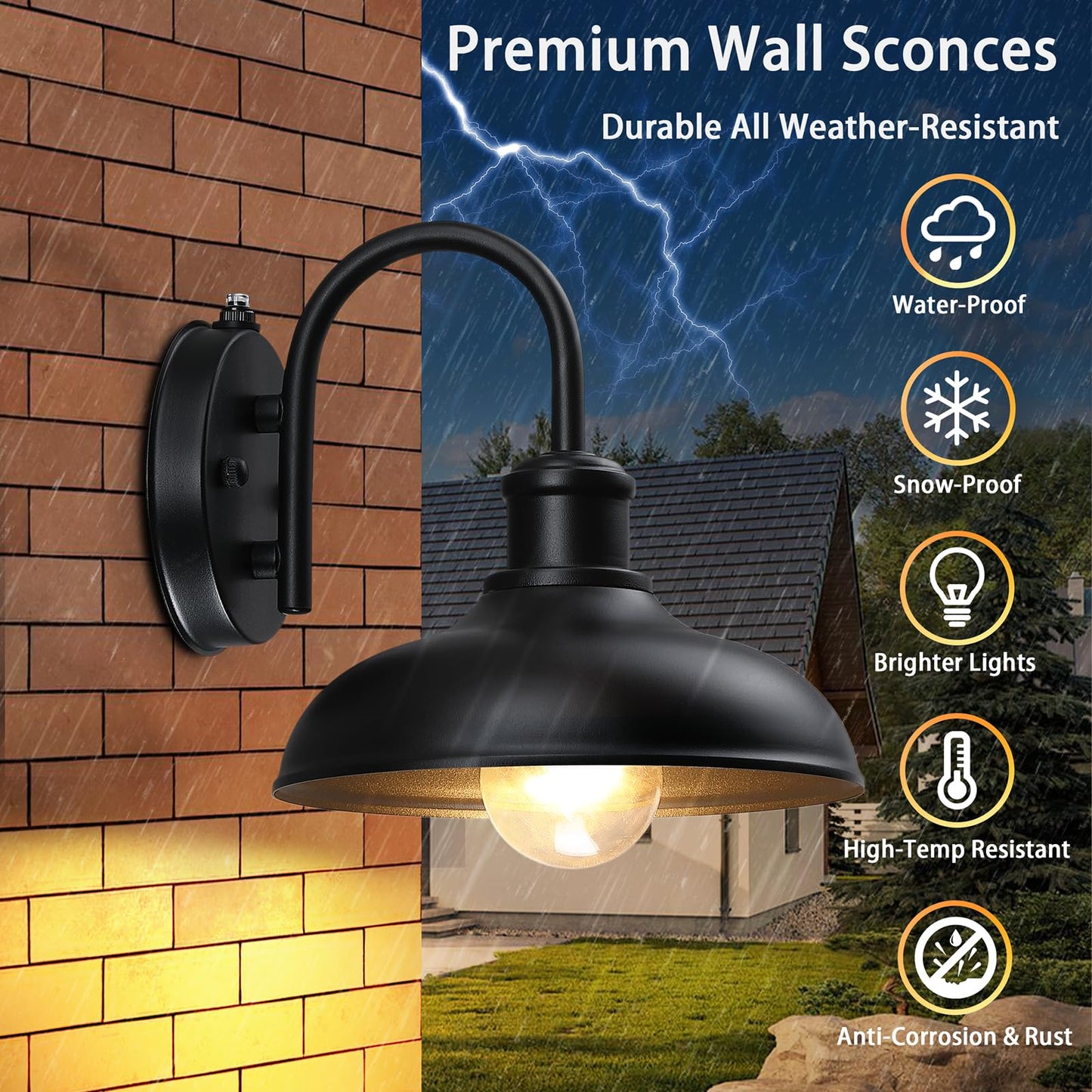 MYHXQ Dusk to Dawn Gooseneck Outdoor Light Fixtures, Farmhouse Barn Lights for Porch, Industrial Black Exterior Wall Sconce for Garage, Patio, E26 Base Anti-Rust for Garage Frontdoor Entryway, 2 Pack