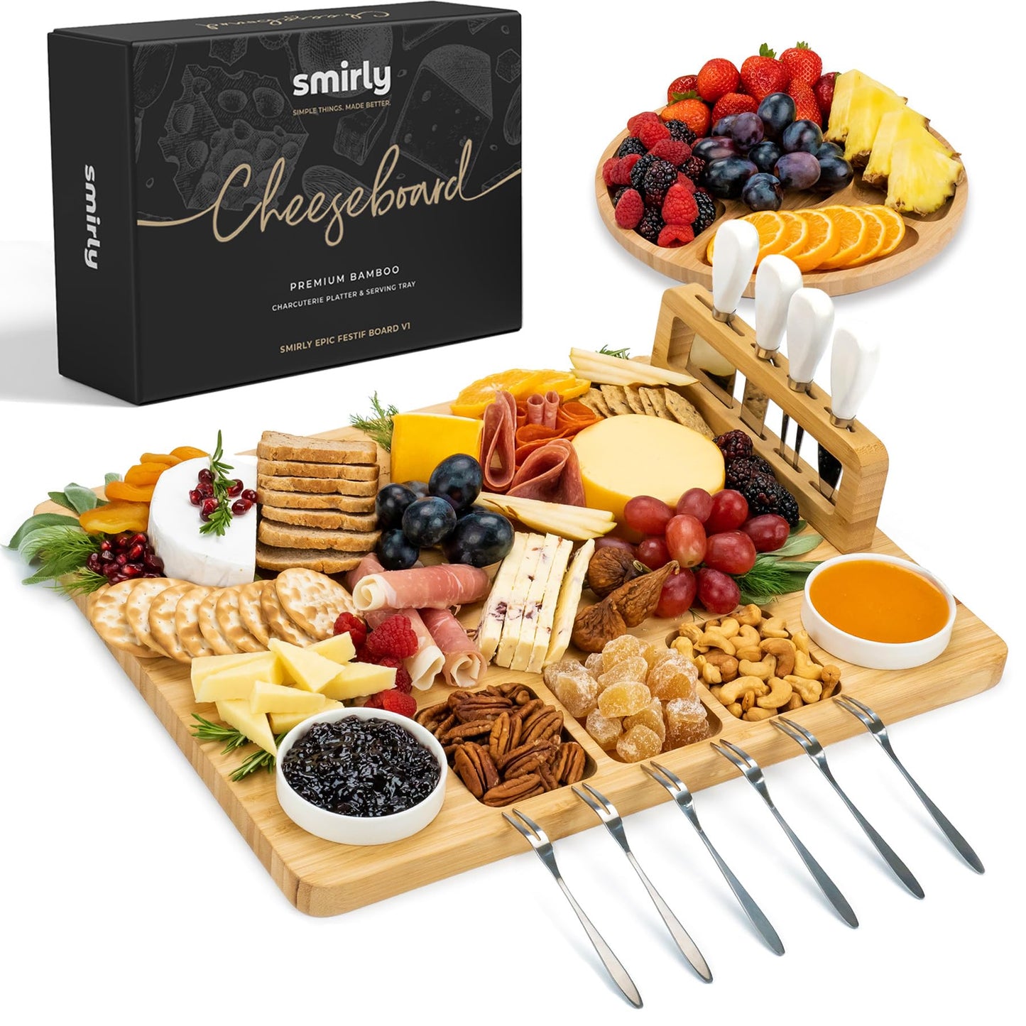Smirly Charcuterie Board Set - Large Bamboo Cheese Board for Serving - House Warming Gifts New Home, Wedding & Bridal Shower Gift, Birthday Gift for Women
