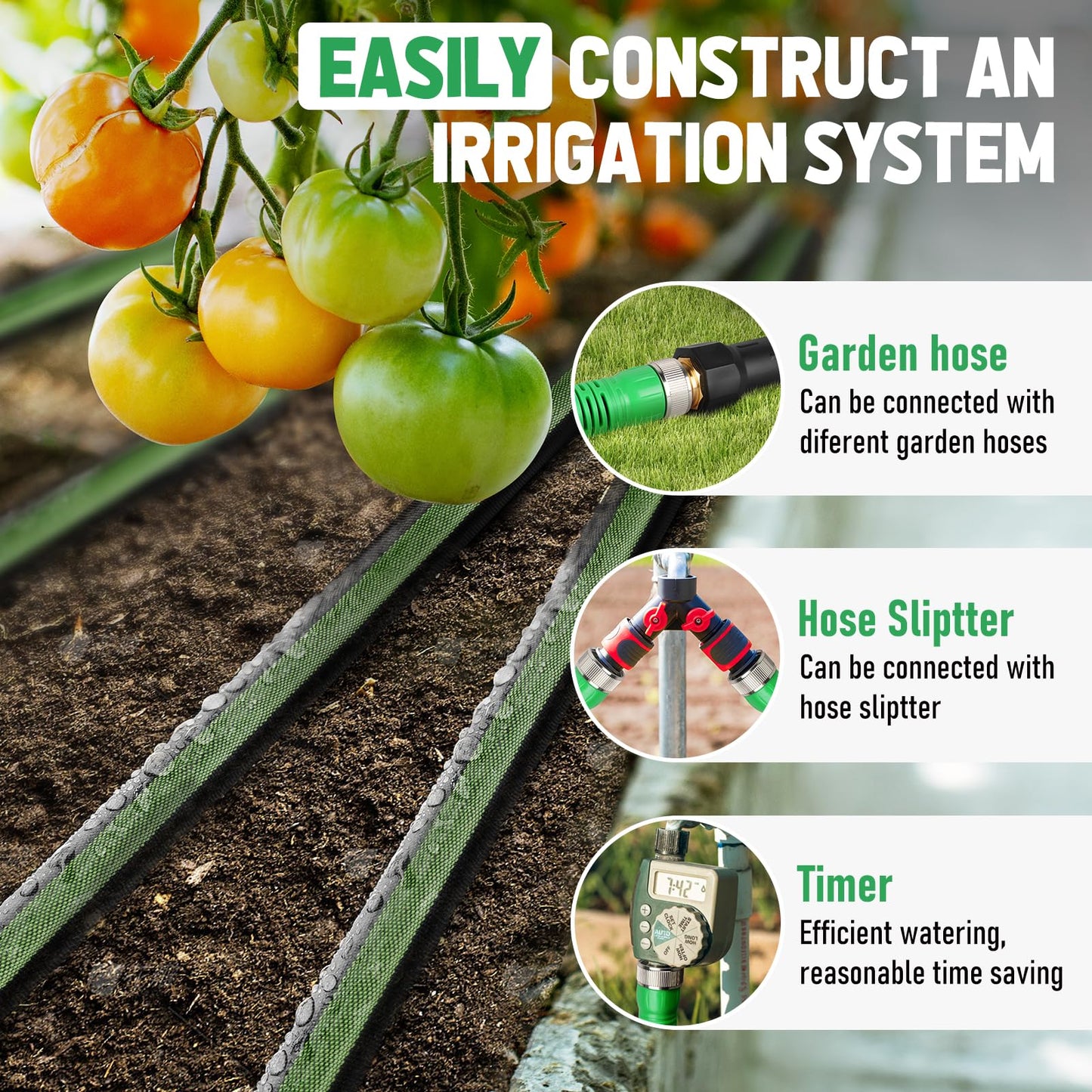 Flat Soaker Hose 100FT for Garden and Lawns, 80% Water-Saving Drip Irrigation Hose with Anodized Aluminum Ends, Flexible Leakproof Double Layer Gardening Hoses（50FT×2 Pack）