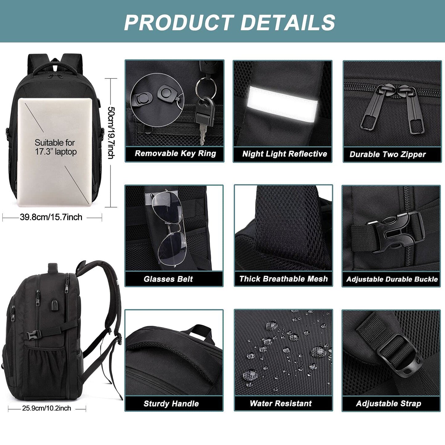 Extra Large Backpack for Men Durable Travel Laptop Backpack 50L with USB Charging Port,Water Resistant 17.3 inch Computer Bag,TSA Friendly Big Business Anti Theft Work College School Bookbags,Black