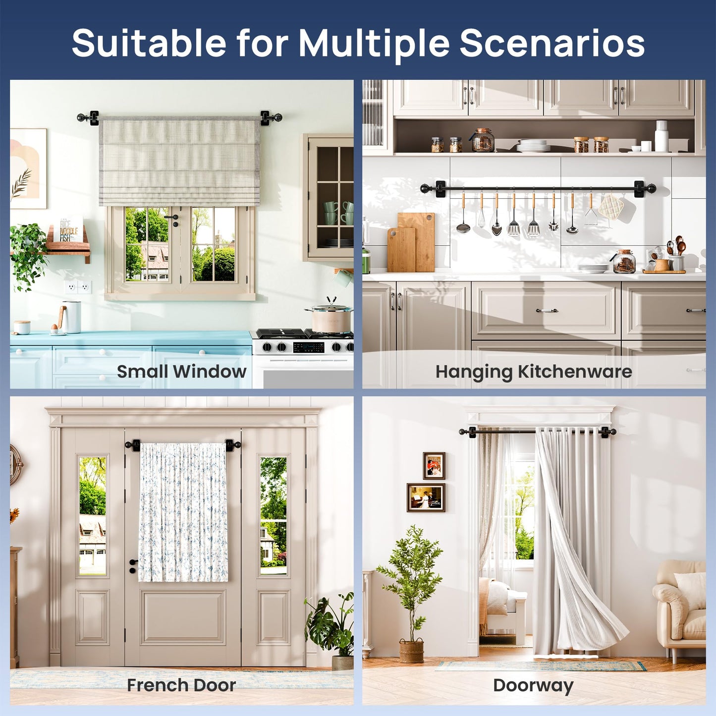 upsimples 2 Pack No Drill Curtain Rods for Window 48 to 84 Inches, 5/8 Inch Diameter Renter Friendly Drapery Rod with Adhesive Brackets without Drilling, Adjustable from 27 to 90 Inches, Black