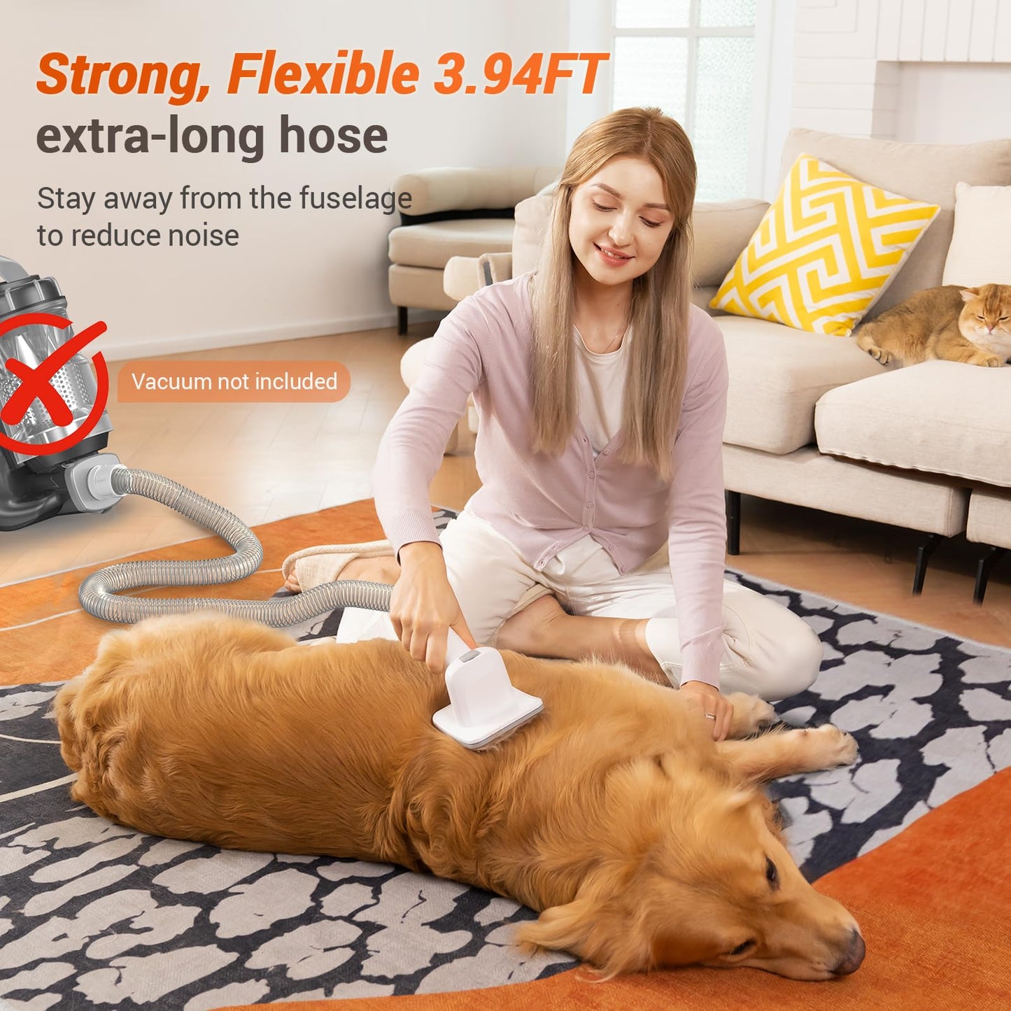 Afloia Dog Brush Vacuum Attachment - Pet Grooming Tool for Dogs & Cats (Vacuum Not Included), Compatible with 1-1.5" Round Port Vacuums (Dyson,Bissell,Eureka,Dirt Devil), with Extension Hose (White)