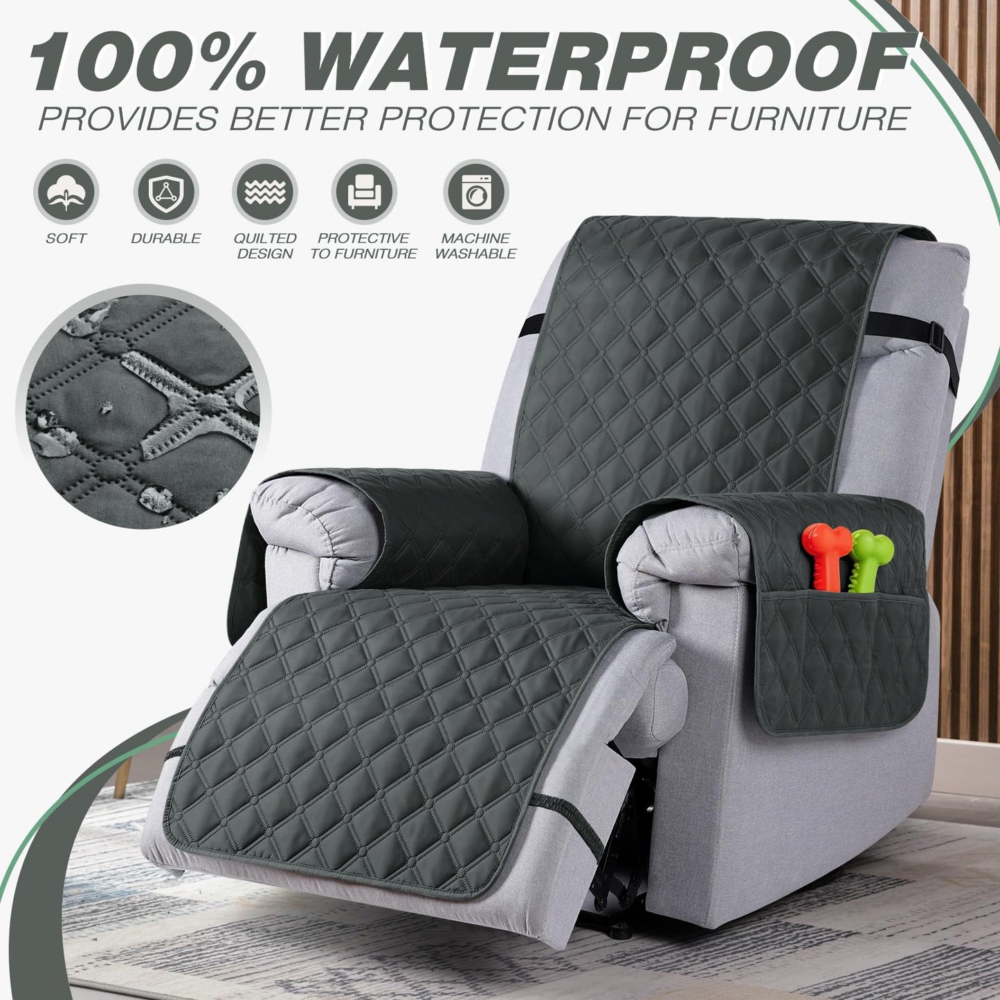 TAOCOCO 100% Waterproof Recliner Chair Covers, Recliner Sofa Covers with Leg Straps, Reversible Reclining Couch Cover for Recliner, Washable Couch Protector for Pets Kids(1 Seat 22", Dark Gray)