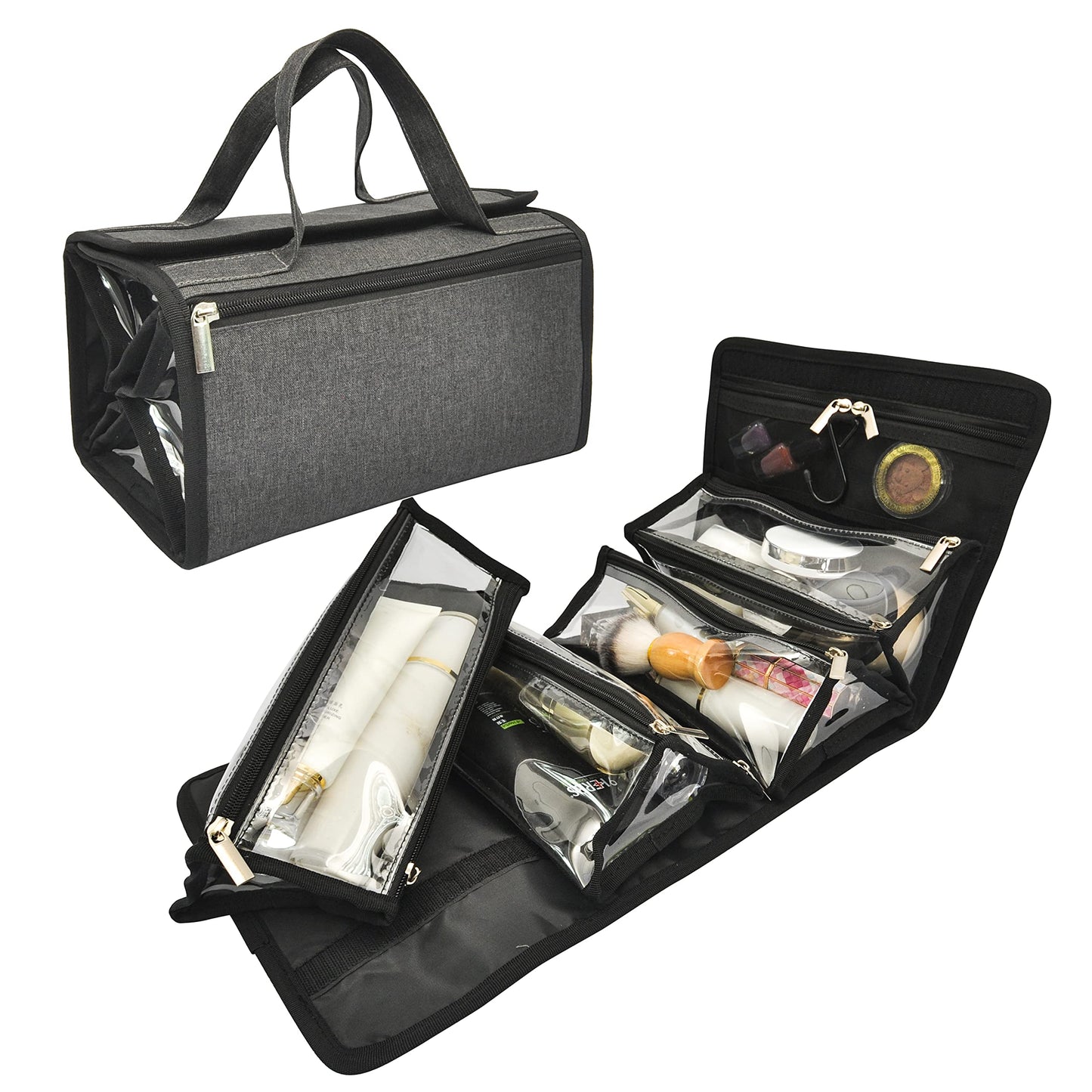 Jula Vance Large Capacity Hanging Eco Polyester Travel Toiletry Bag Makeup Cosmetic Bag 4-in-1 Roll-Up Make Up Storage Organizer With 4 detachable Removable Zipper Clear TPU Pouches & Hook, Grey,