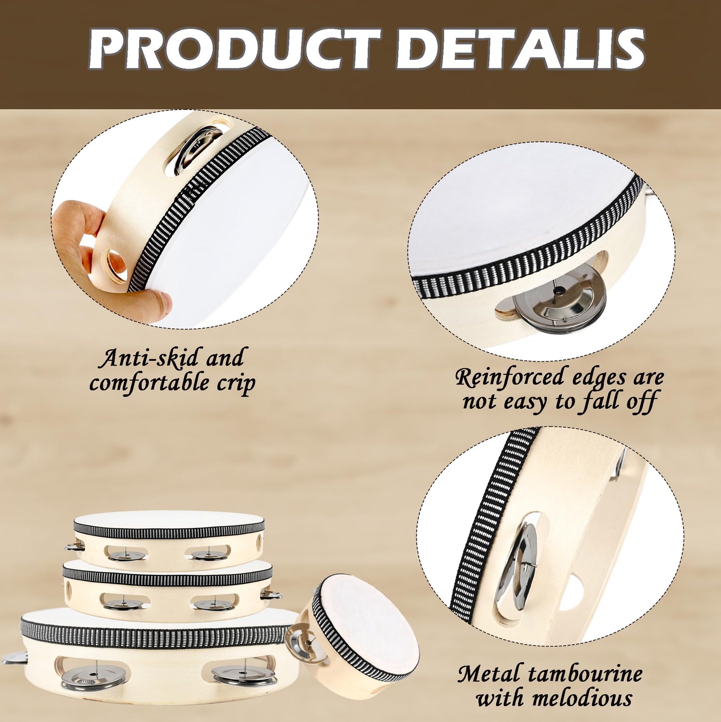 16 Pcs Tambourine Set for Adults Handheld Drum Bell Wood Tambourine with Metal Jingles Musical Percussion Instrument Church Wedding Party Gift, 4 Size