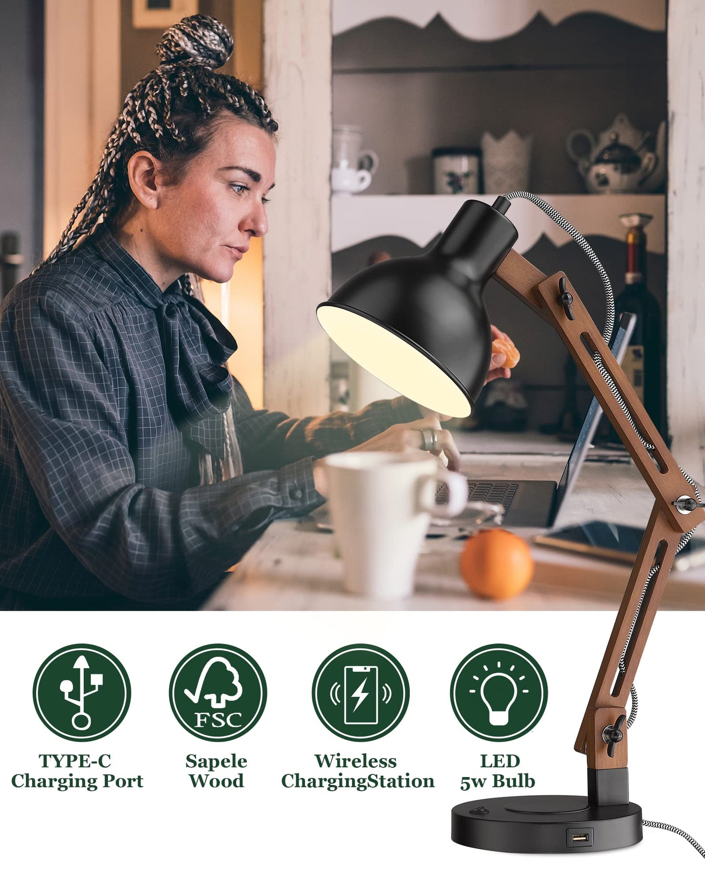 ELYONA Modern LED Desk Lamp with Upgraded Wireless Charger & USB C Charging Port Sapele Wood Table Lamp Swing Arm Bedside Reading Task Light for Dorm Office Bedroom Living Room Bulb Included Black