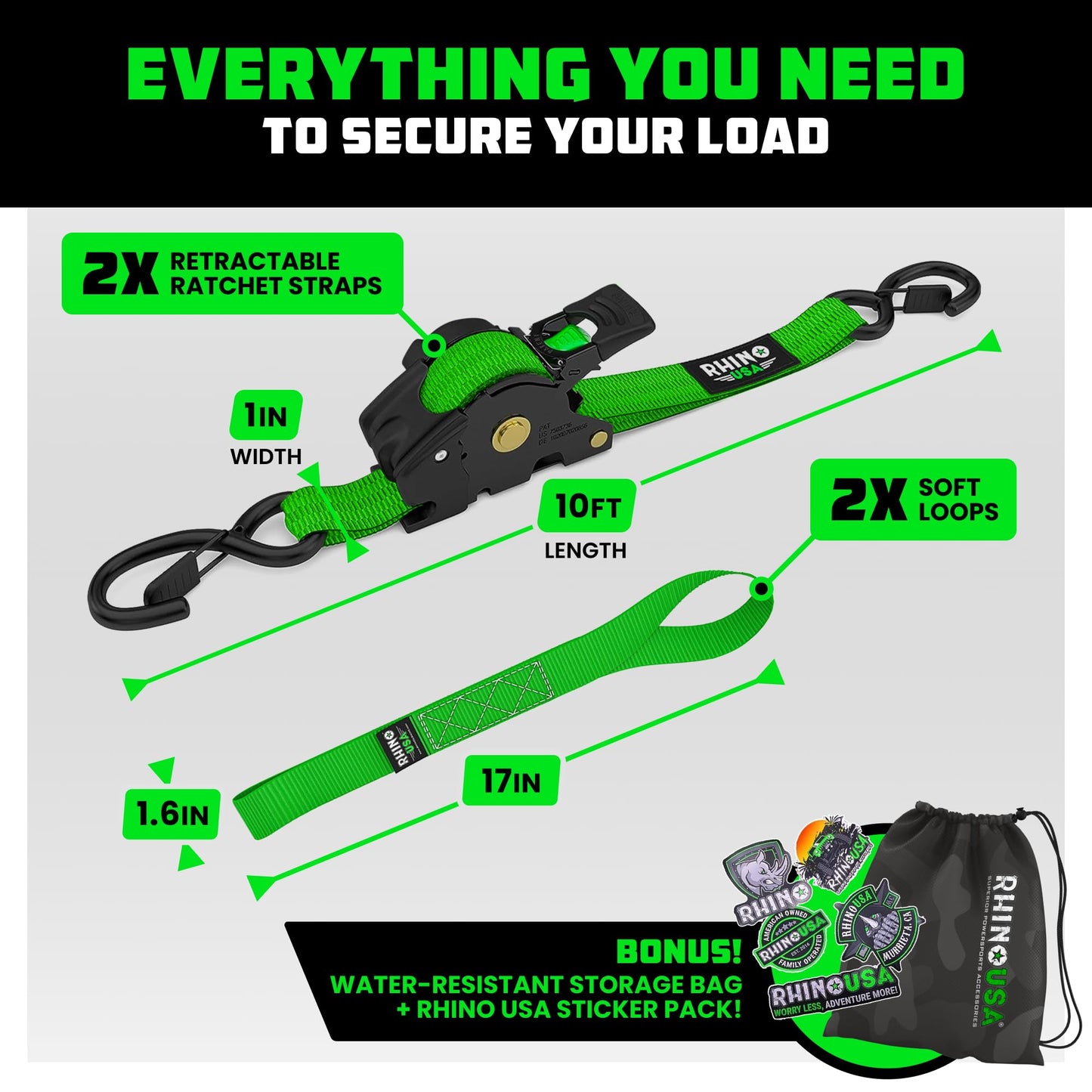 Rhino USA Retractable Ratchet Straps (2-Pack) - 1 Inch x 10 Feet (1,209lb Break Strength) - Auto Self Retracting Tie Down Straps for Truck, Cargo Trailer, Motorcycle, Rad & More - Green