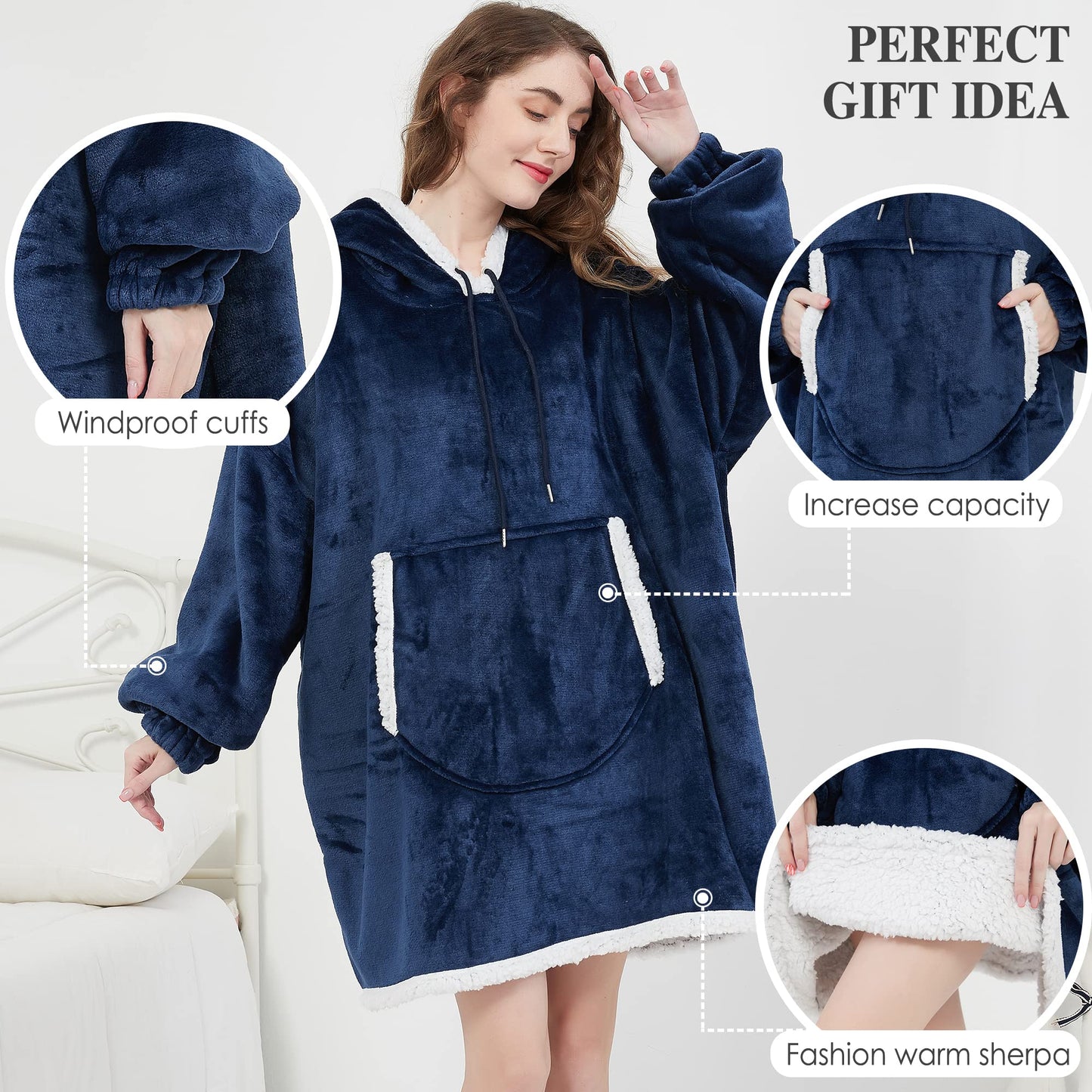 Viviland Hoodie Sherpa Blanket Sweatshirt Soft Warm Plus Large Front Pocket Tv Blankets for Adult, Navy Blue