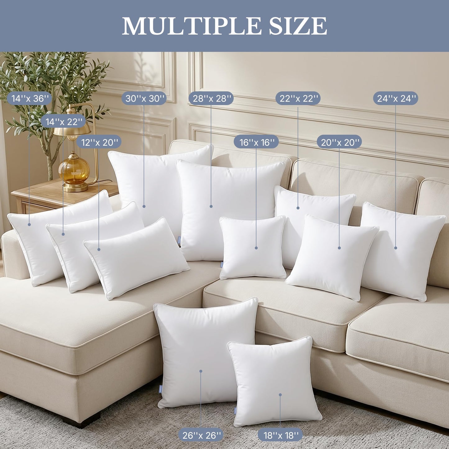 Leeden 18 x 18 Pillow Inserts (Set of 2) - Throw Pillow Inserts with 100% Cotton Cover - 18 Inch Square Interior Sofa Pillow Inserts - Decorative Pillow Insert Pair - White Couch Pillow