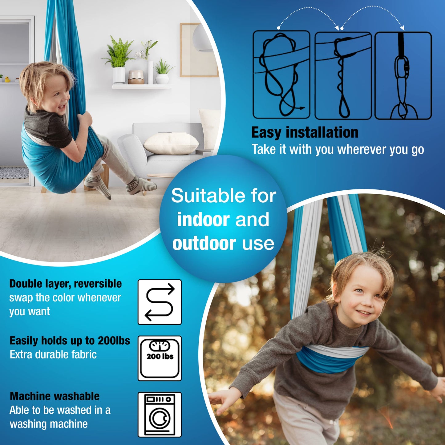 Sensory Swing + 360° Swivel Hanger, Double Layer Indoor + Outdoor Swing for Kids, Hanging Pod Chair, Helps with Sensory Disorders, Autism, ADHD, Anxiety, Therapy Swing, Pod Swing Chair (Blue/Gray)